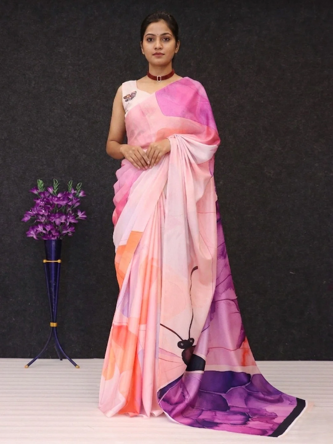 Graceful Peach & Purple Butterfly Digital Print Chinon Saree With Artistic Work Detailing