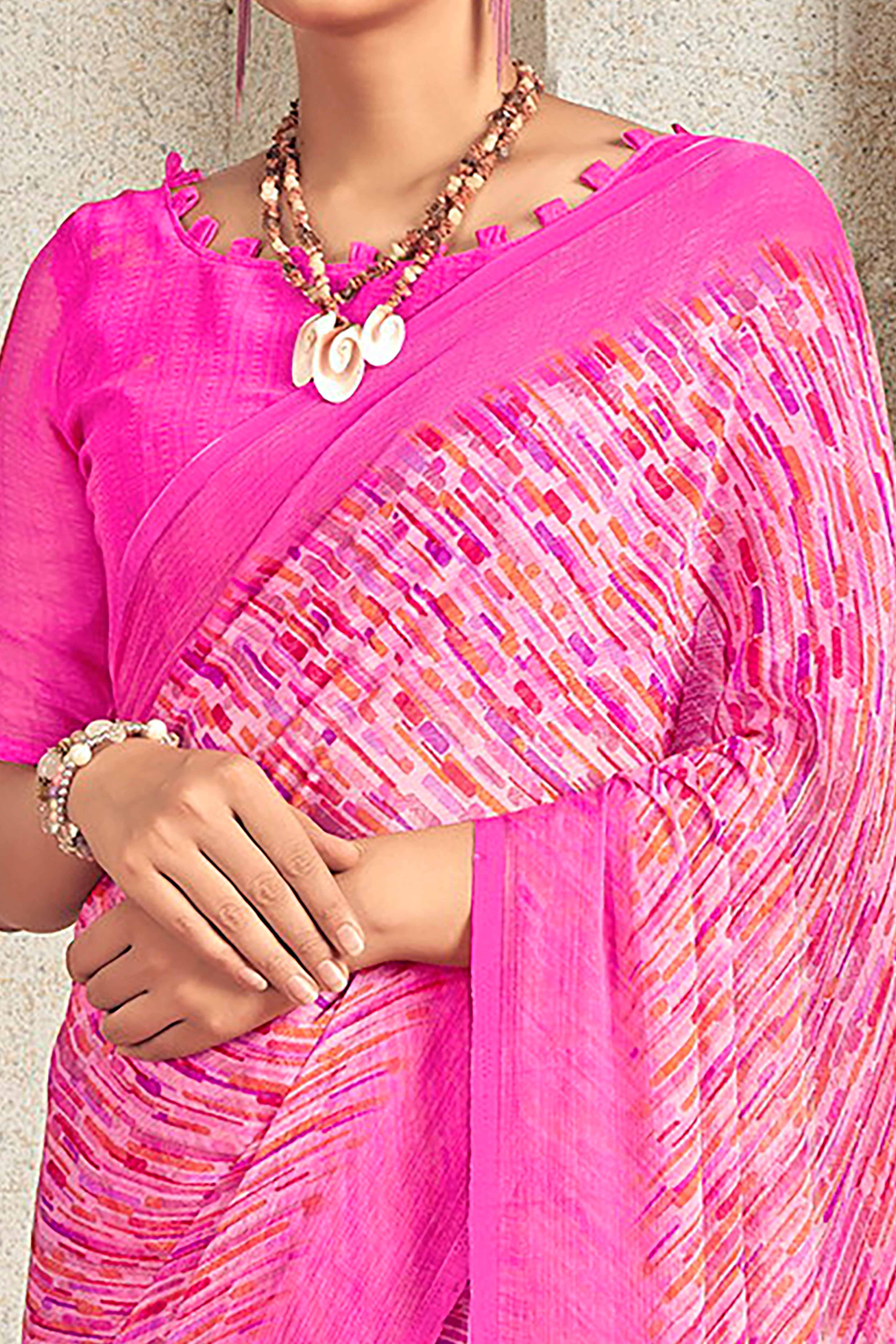 Graceful Pink Chiffon Saree With Elegant Print - Image 2