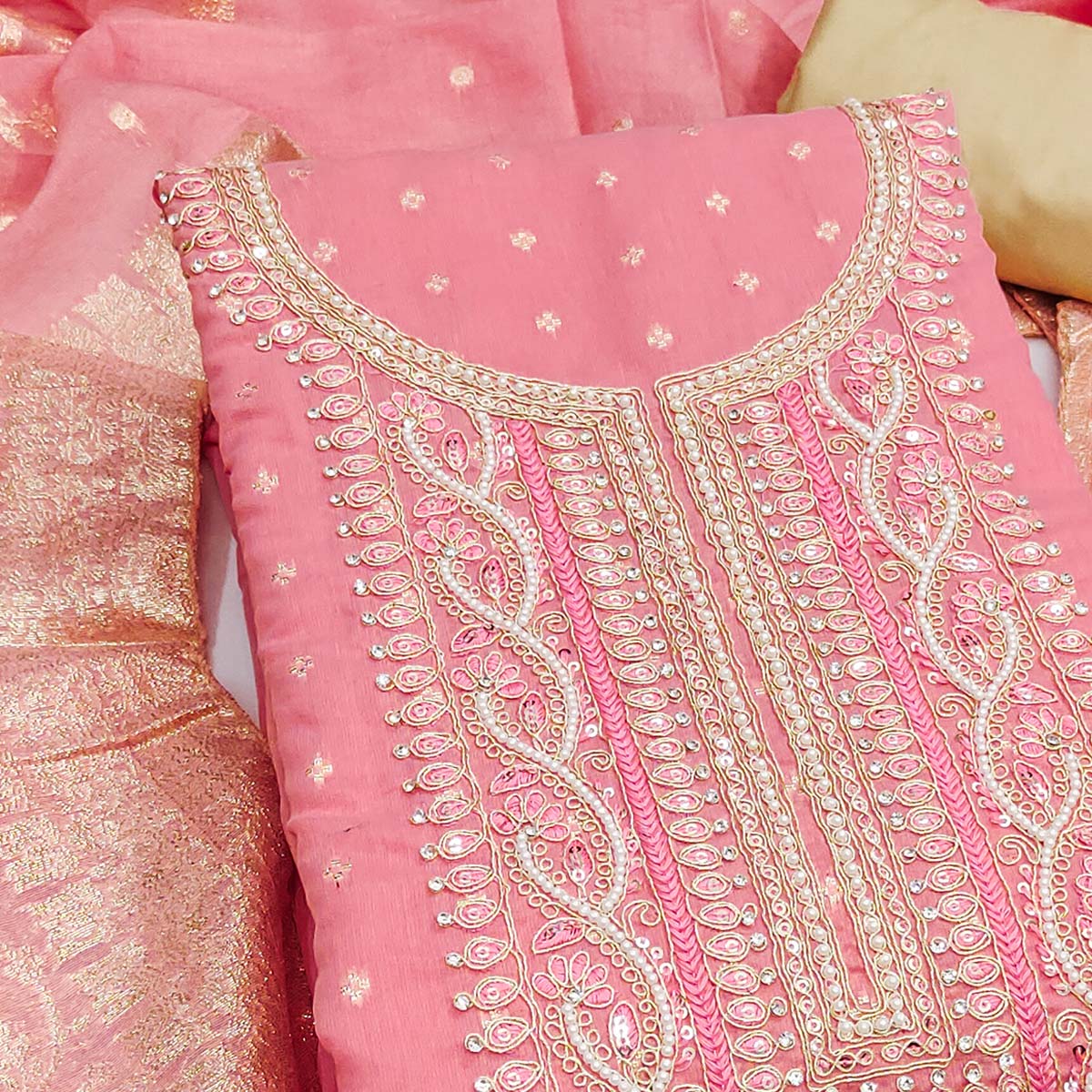 Graceful Pink Cording Embroidery Chanderi Silk Banarasi Dress Material With Sequins & Moti Work - Image 2
