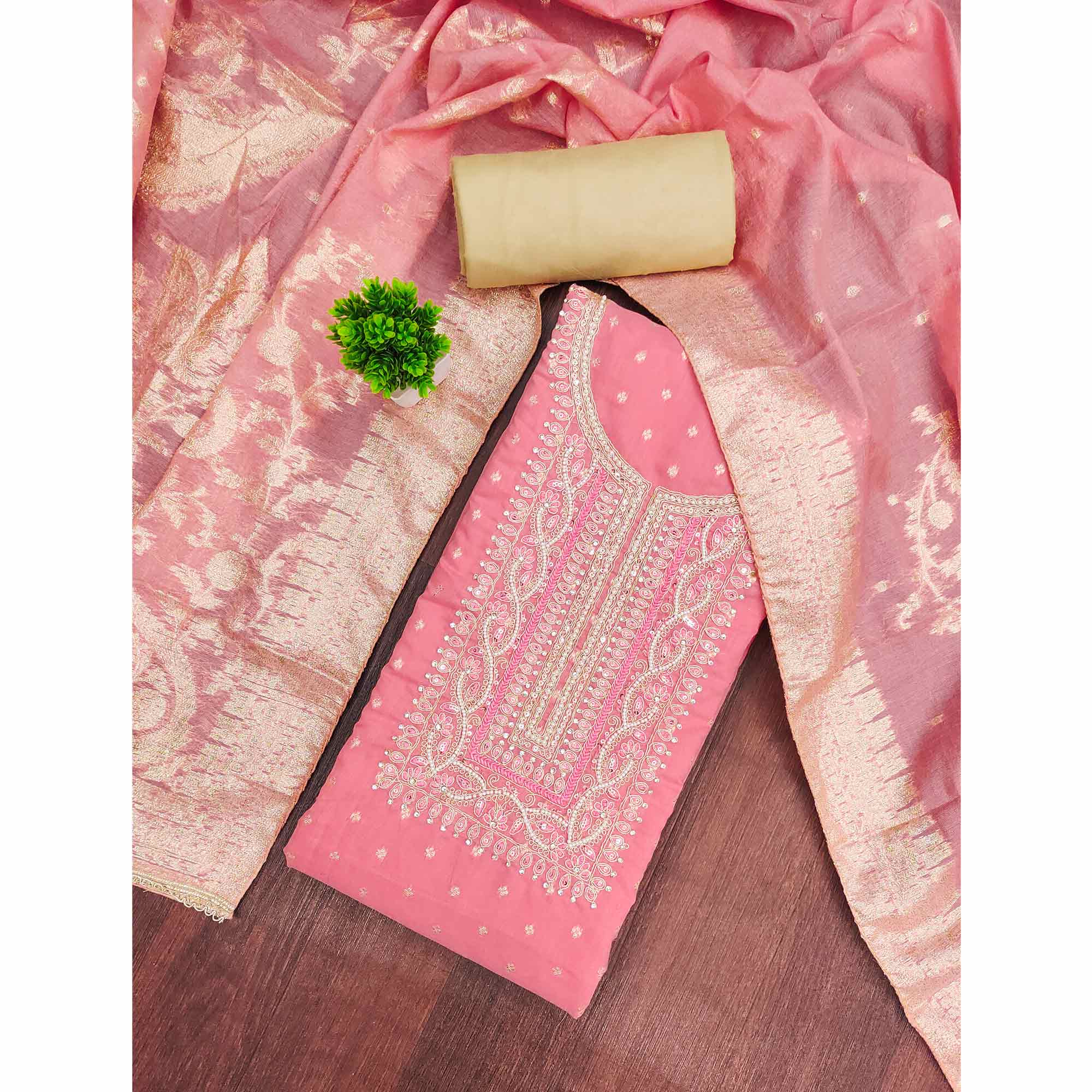 Graceful Pink Cording Embroidery Chanderi Silk Banarasi Dress Material With Sequins & Moti Work - Image 3