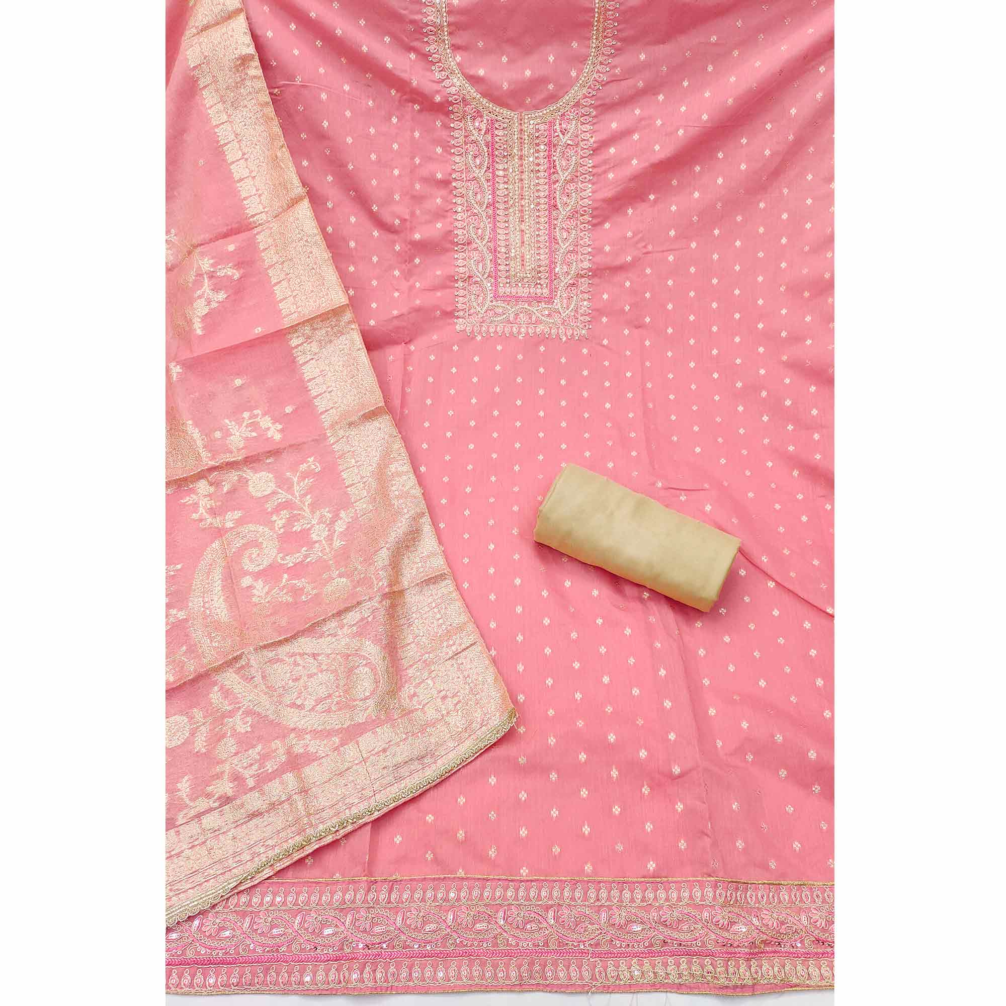 Graceful Pink Cording Embroidery Chanderi Silk Banarasi Dress Material With Sequins & Moti Work - Image 4