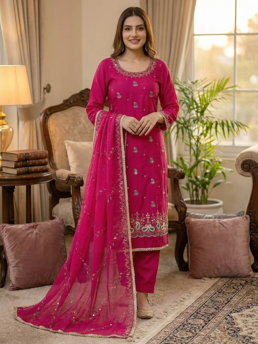 Graceful Pink Embroidered Cotton Silk Dress Material With Beads & Mirror Handwork