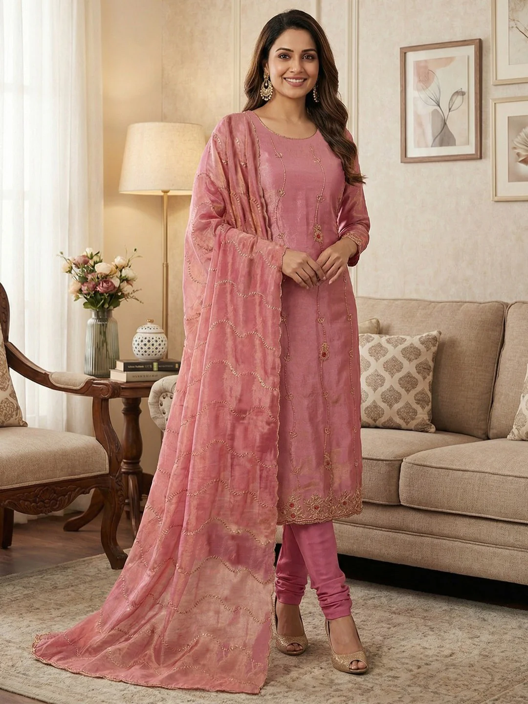 Graceful Pink Floral Beads Embroidery Work Fendy Silk Blend Dress Material