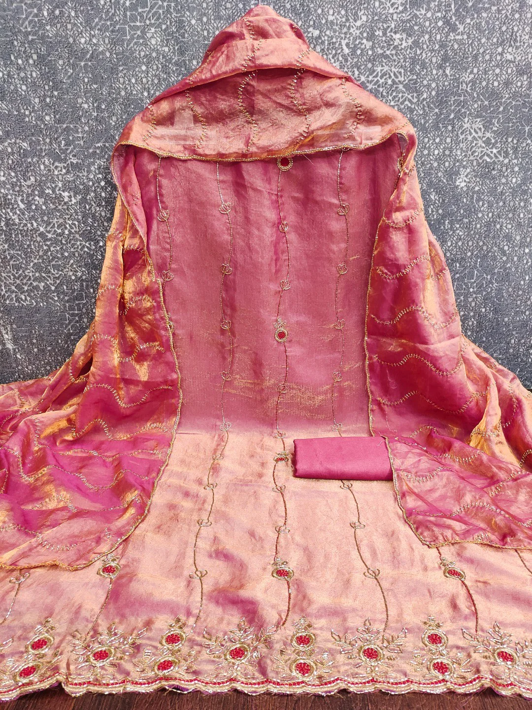 Graceful Pink Floral Beads Embroidery Work Fendy Silk Blend Dress Material - Image 4