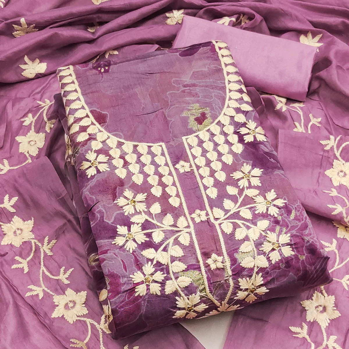 Graceful Pink Floral Embroidered Chanderi Cotton Dress Material - Image 2