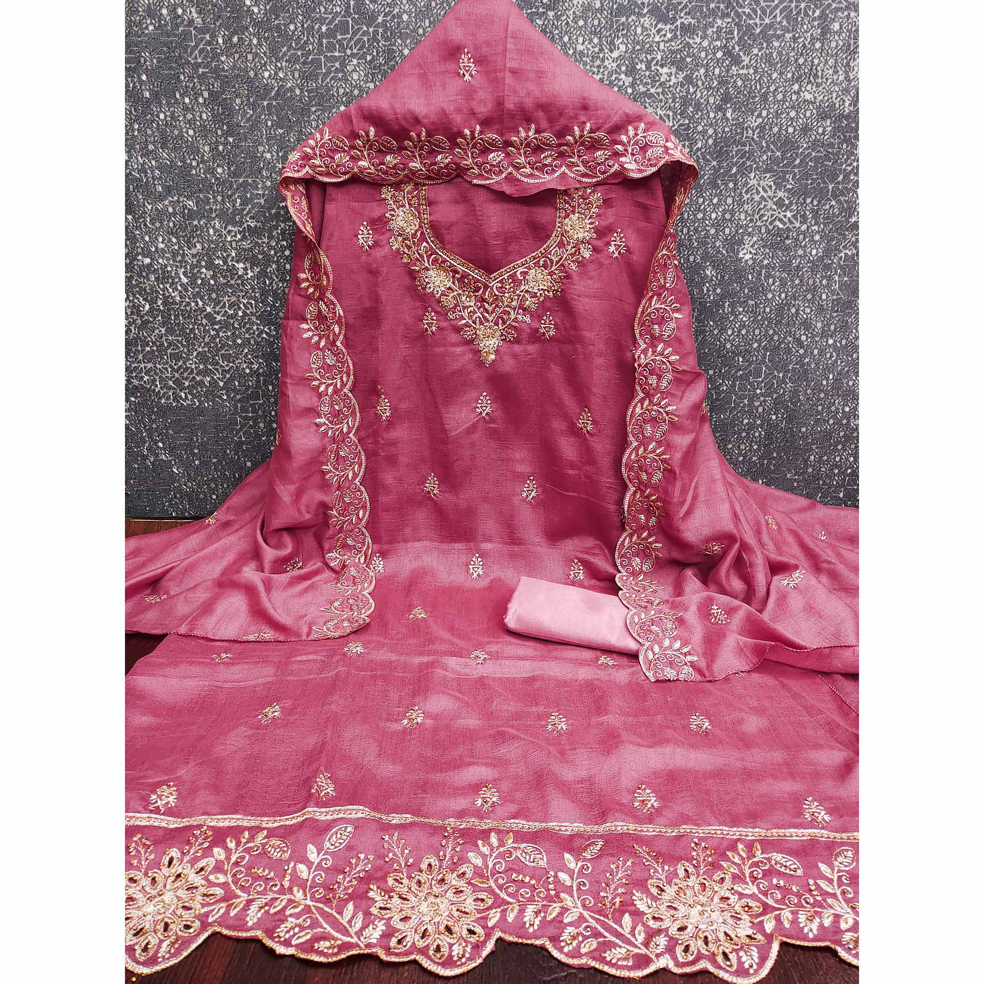 Graceful Pink Floral Embroidered Vichitra Silk Dress Material Enhanced With Diamond Work - Image 3