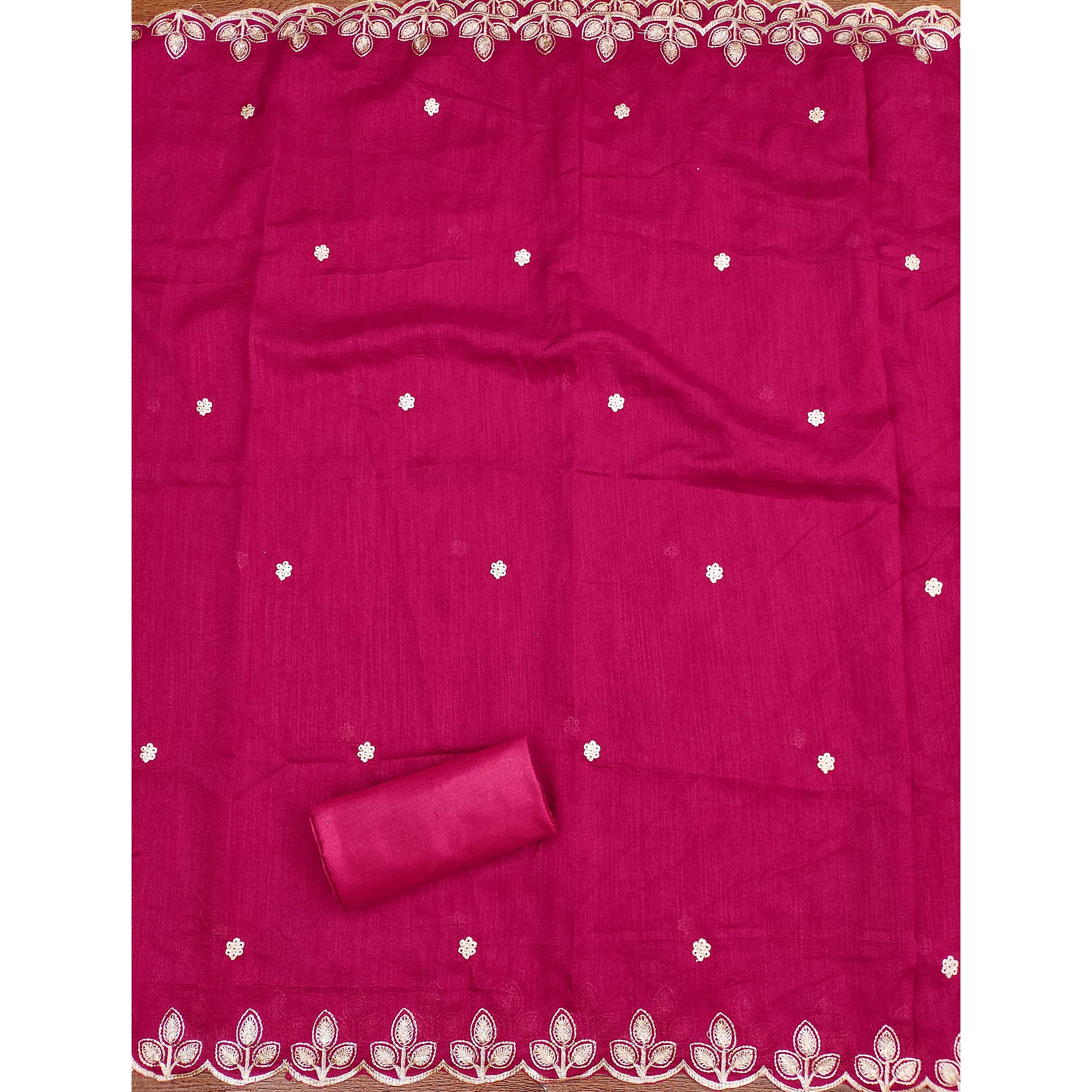 Graceful Pink Floral Embroidered Vichitra Silk Dress Material Enhanced With Diamond Work - Image 5