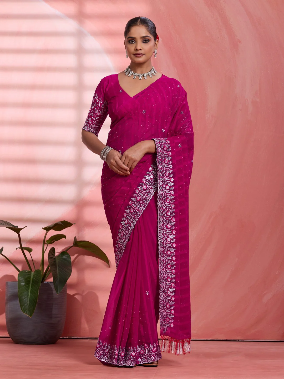 Graceful Pink Floral Embroidery & Swarovski Work Chiffon Saree With Luxurious Tassel Pallu