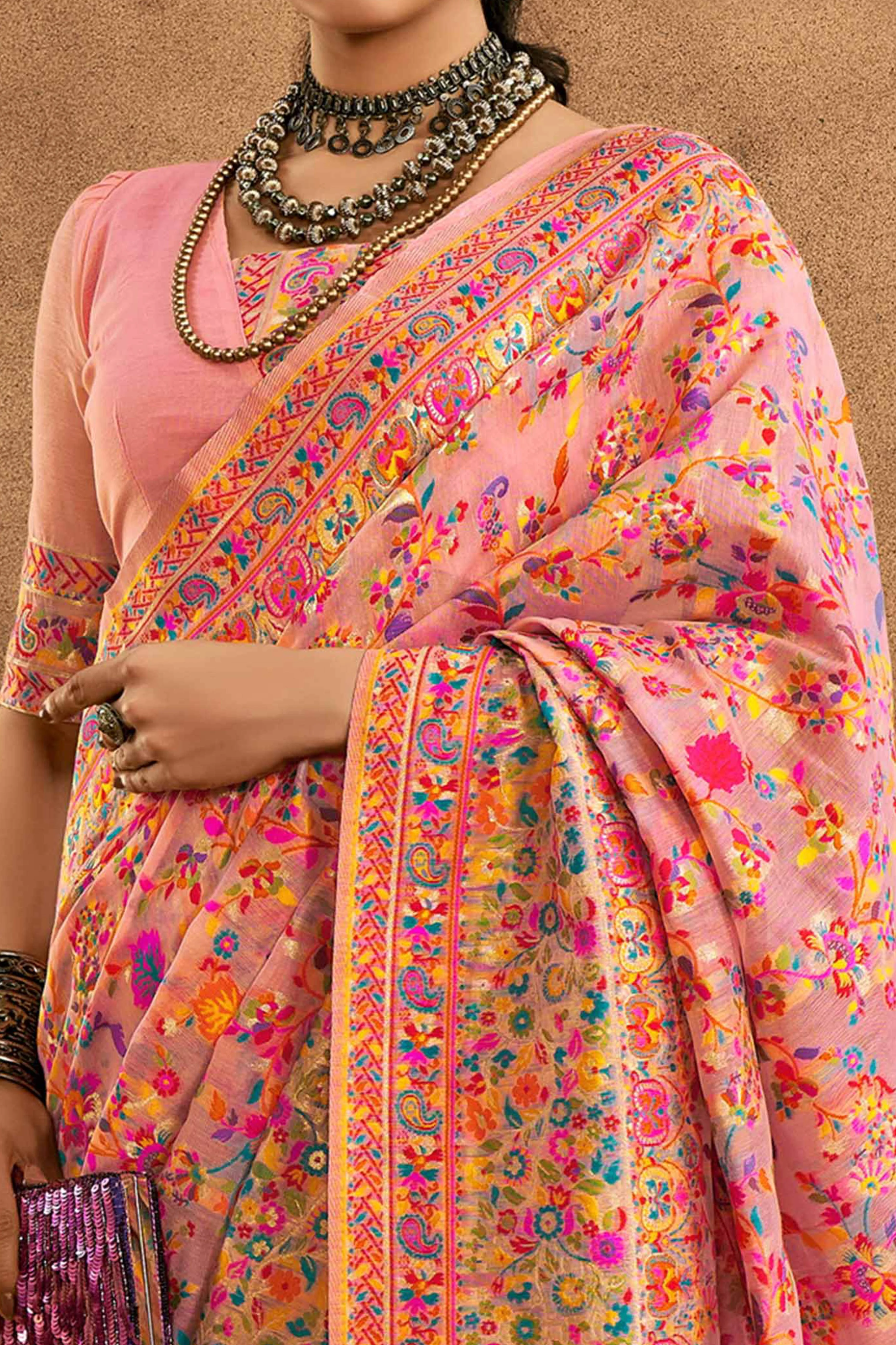 Graceful Pink Floral Weaving Pashmina Modal Cotton Blend Saree With Timeless Appeal - Image 2