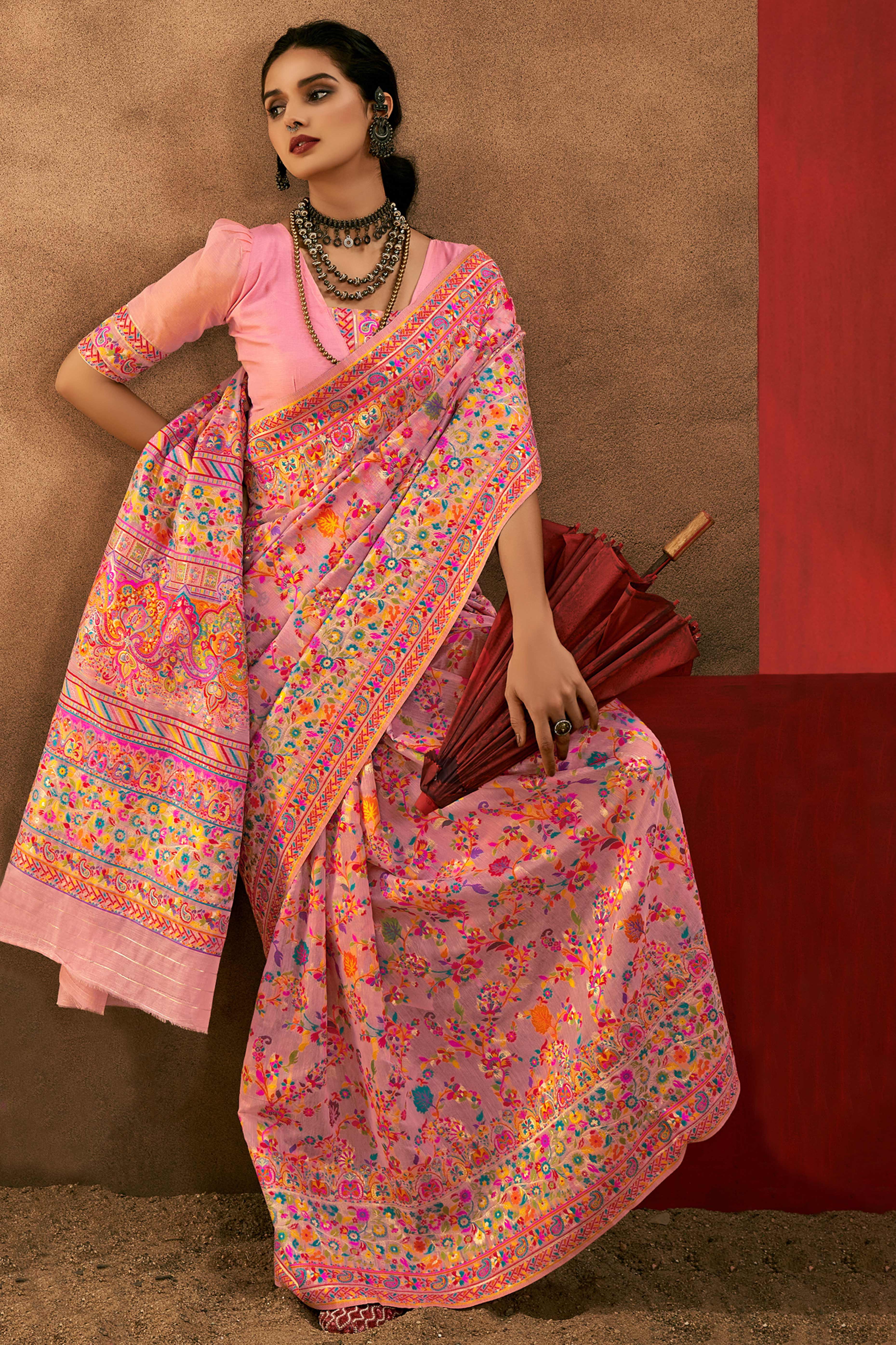 Graceful Pink Floral Weaving Pashmina Modal Cotton Blend Saree With Timeless Appeal - Image 3