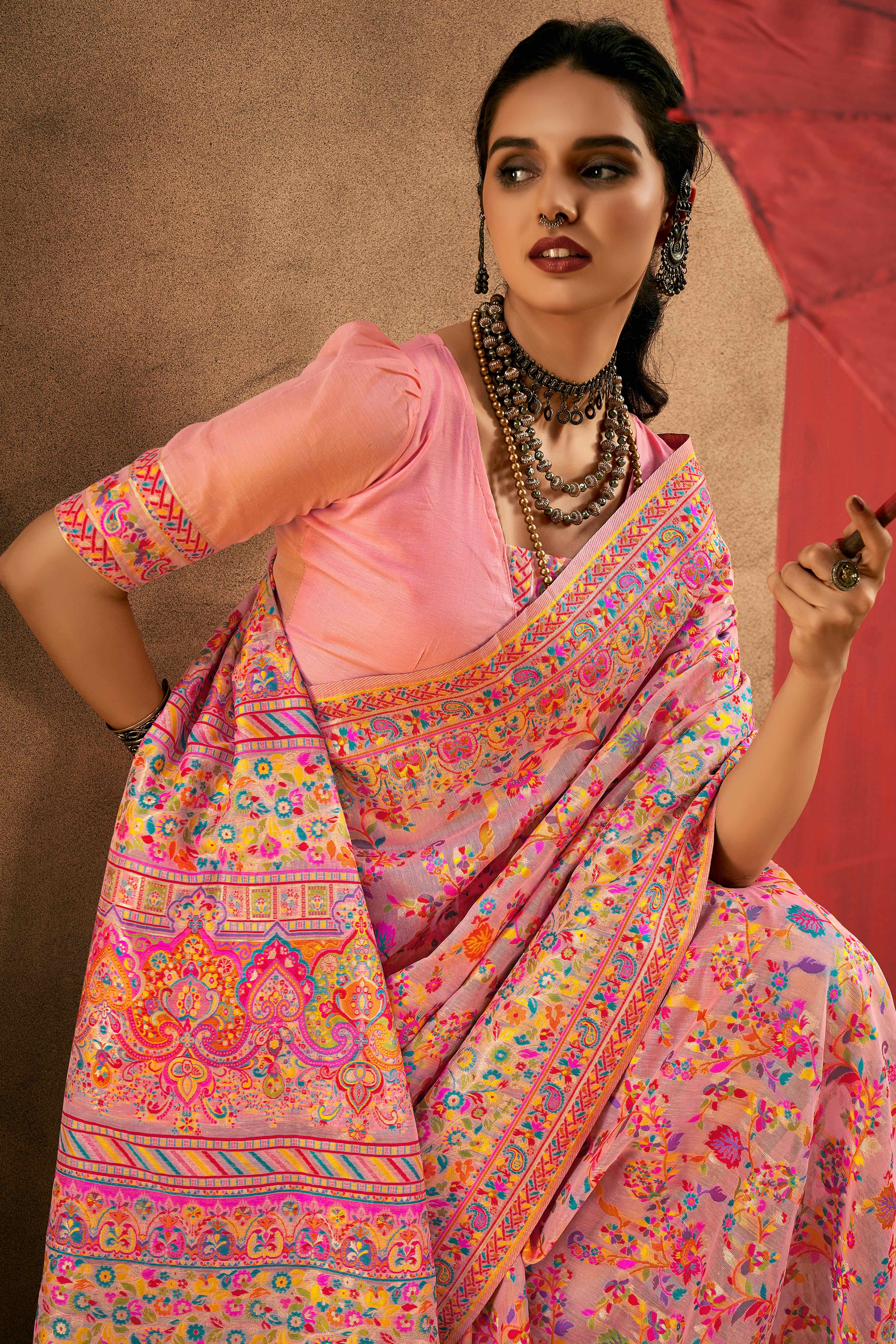 Graceful Pink Floral Weaving Pashmina Modal Cotton Blend Saree With Timeless Appeal - Image 4