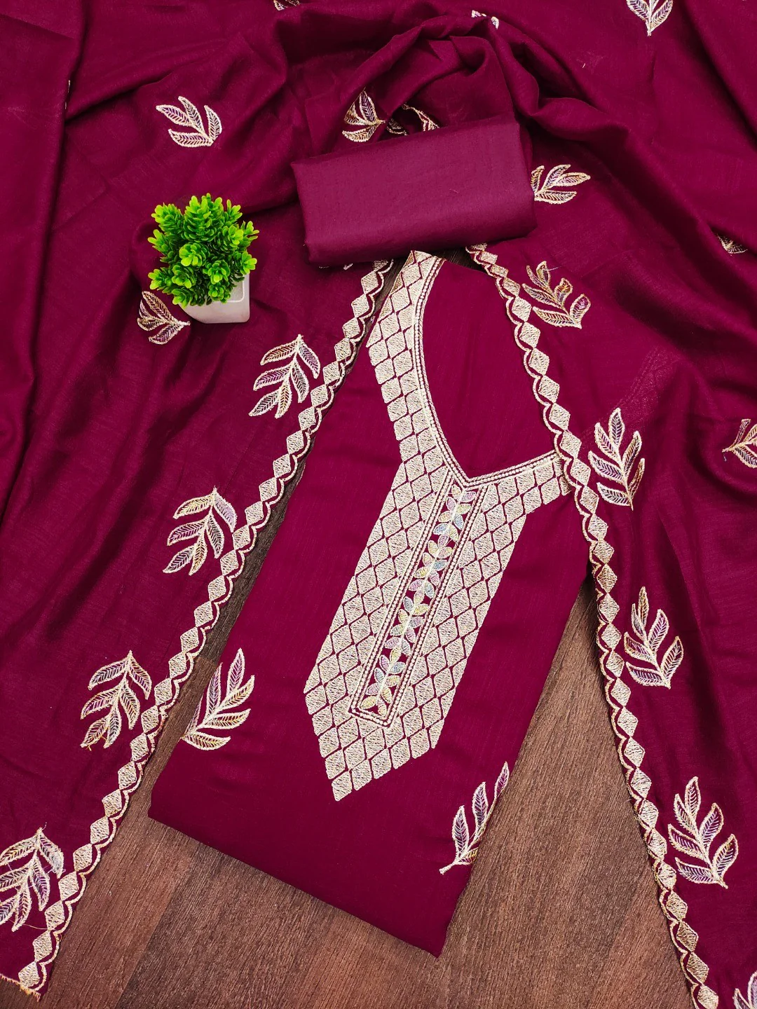 Graceful Pink Leaf Motif Embroidered Vichitra Silk Dress Material With Intricate Detailing - Image 3