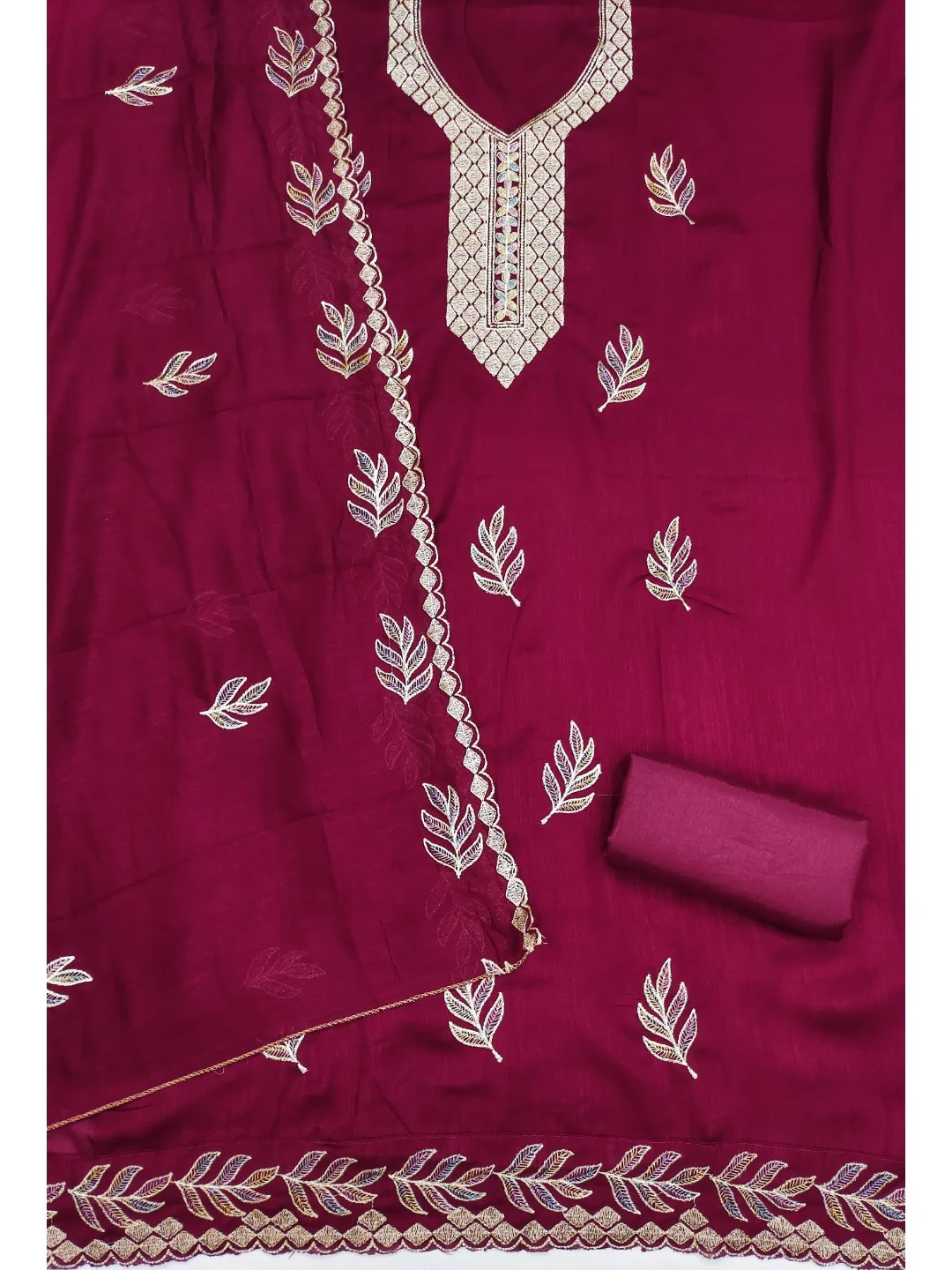 Graceful Pink Leaf Motif Embroidered Vichitra Silk Dress Material With Intricate Detailing - Image 4