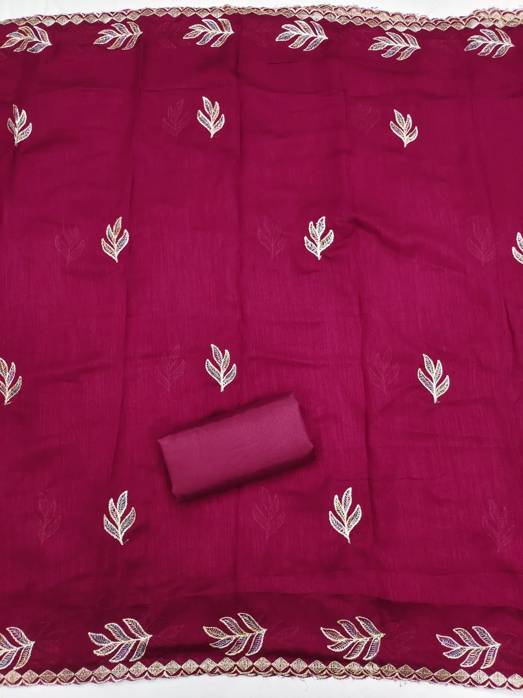 Graceful Pink Leaf Motif Embroidered Vichitra Silk Dress Material With Intricate Detailing - Image 5