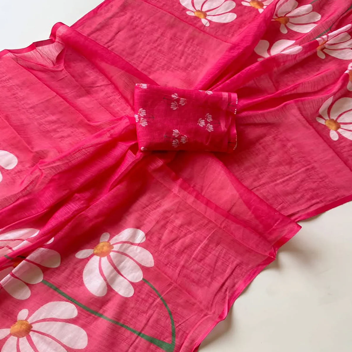 Graceful Pink Linen Cotton Saree with Stylish Floral Prints for Effortless Elegance - Image 2