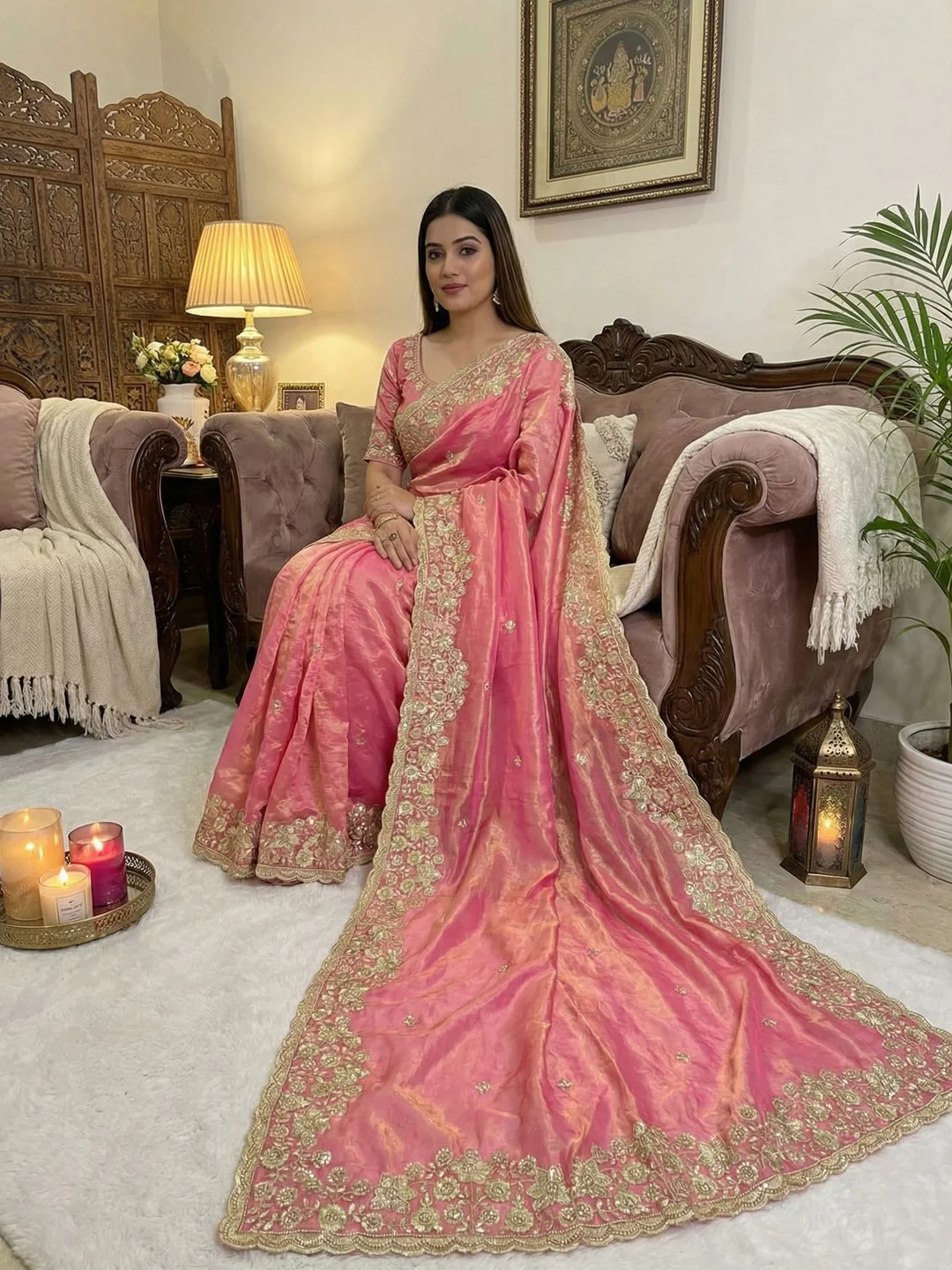 Graceful Pink Organza Satin Silk Saree with Fine Embroidery & Blouse