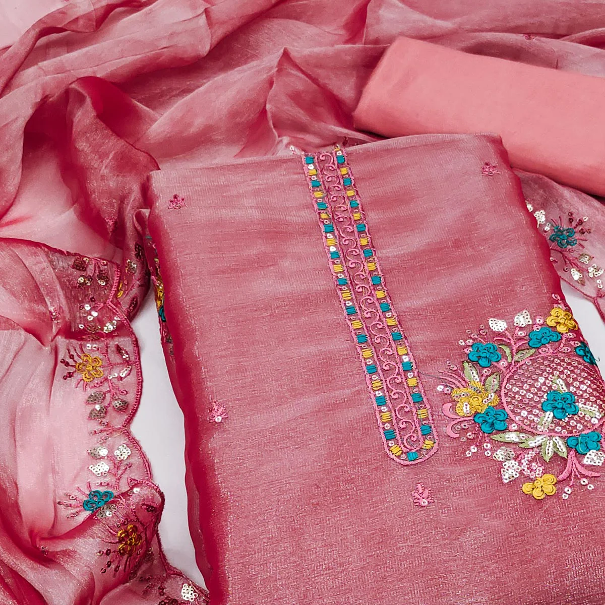 Graceful Pink Silk Blend Dress Material Featuring Exquisite Floral Embroidery & Sequins Accents - Image 2