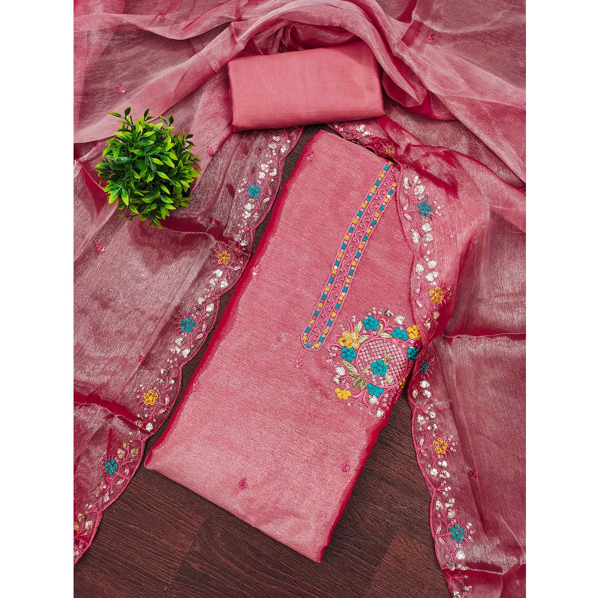Graceful Pink Silk Blend Dress Material Featuring Exquisite Floral Embroidery & Sequins Accents - Image 3