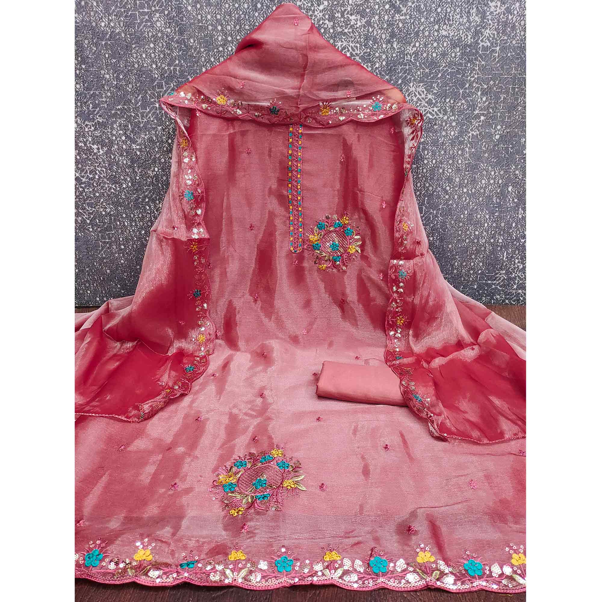 Graceful Pink Silk Blend Dress Material Featuring Exquisite Floral Embroidery & Sequins Accents - Image 4