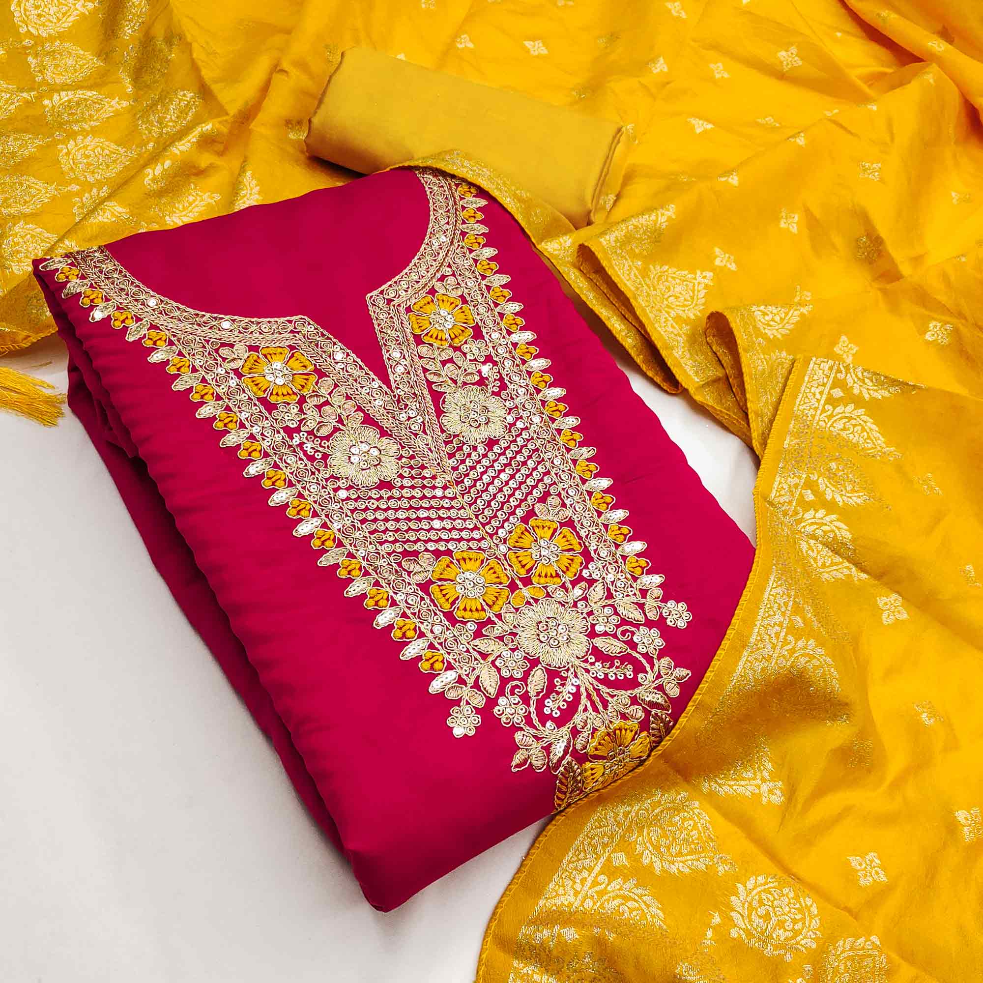 Graceful Pink Silk Blend Dress Material Featuring Floral Cording Embroidery With Sequins Detailing - Image 3