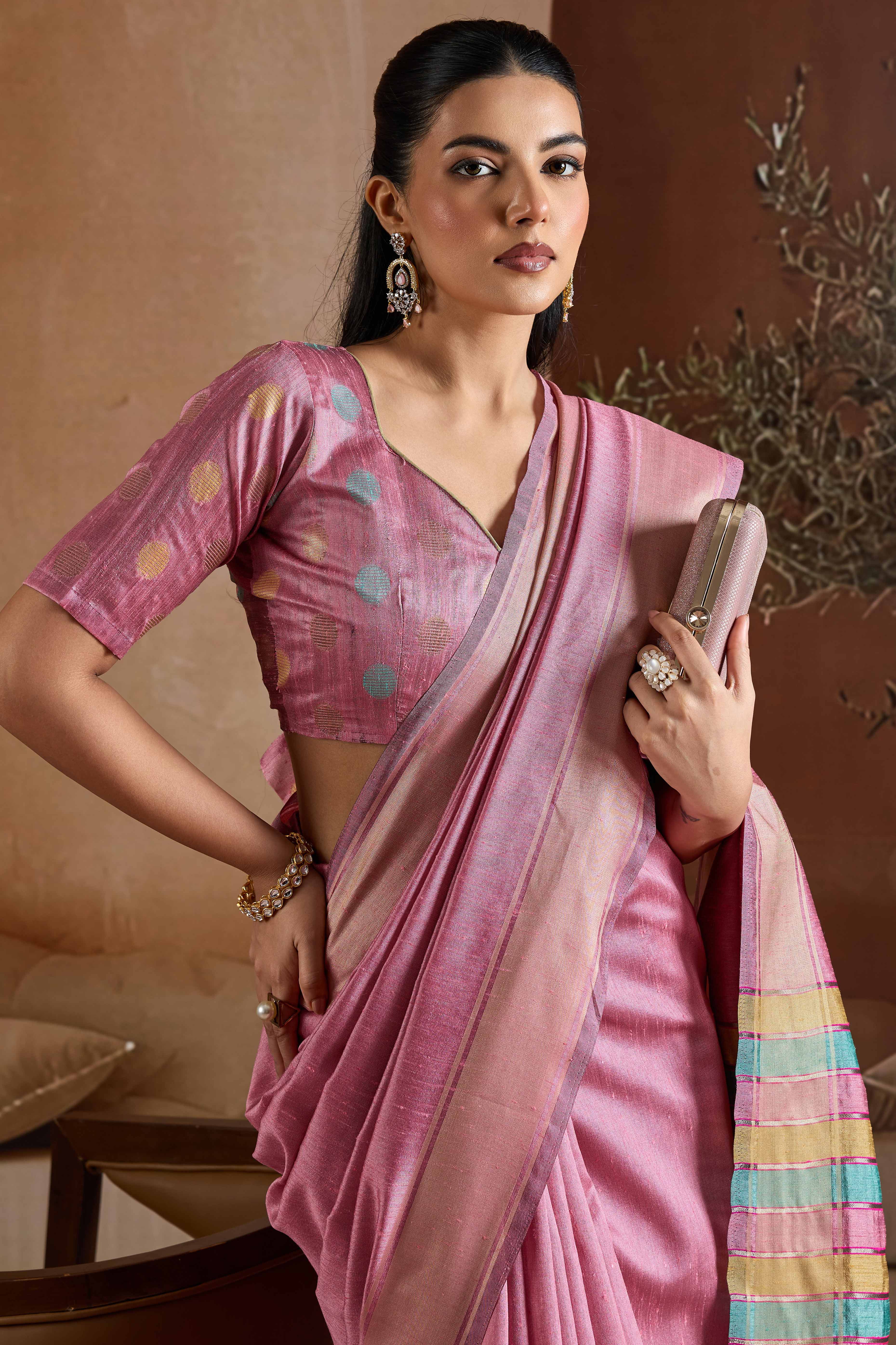Graceful Pink Zari Woven Bhagalpuri Silk Saree Accented With Tassel Pallu - Image 6