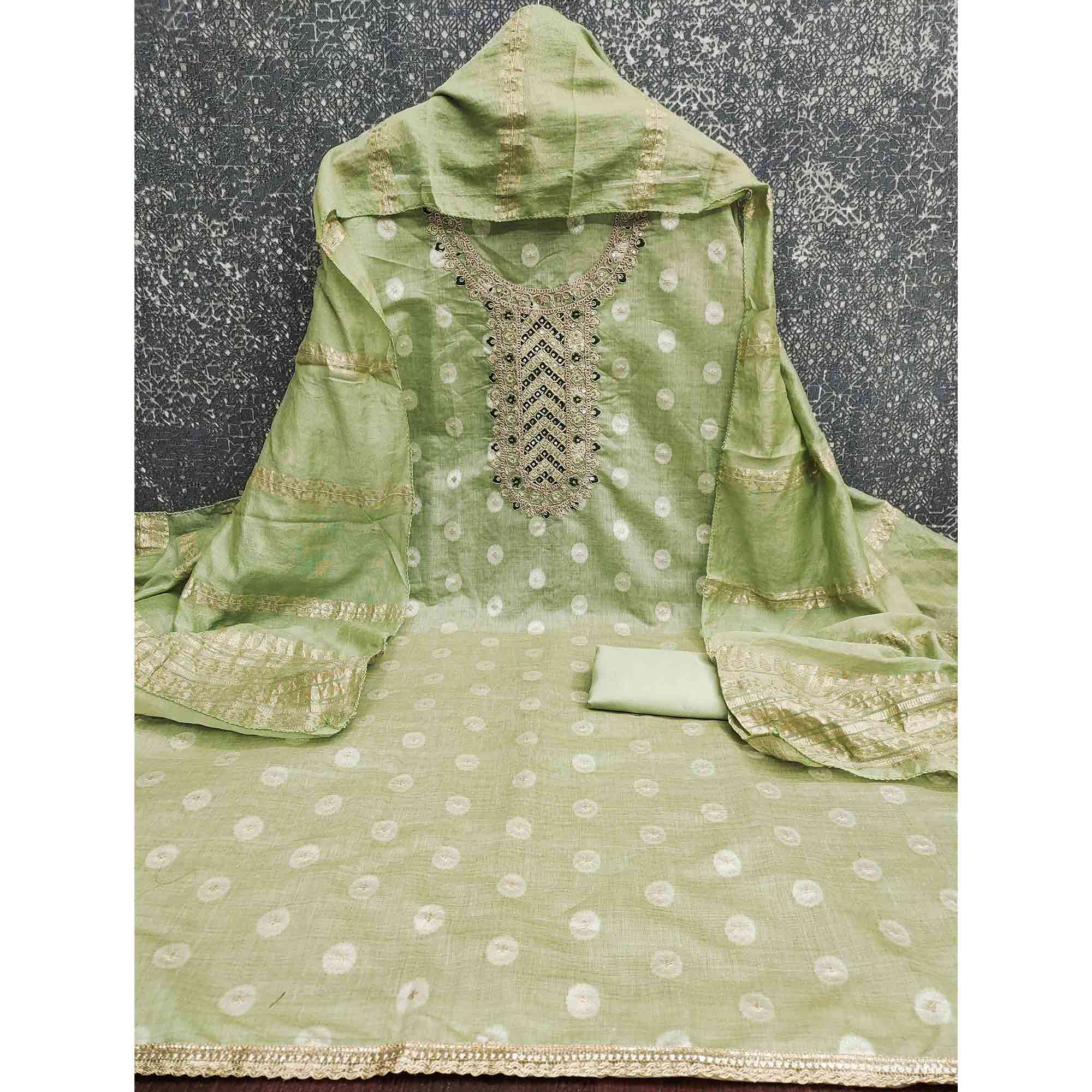 Graceful Pista Green Jacquard Dress Material Featuring Floral Weaving & Sequins Cording Embroidery - Image 4