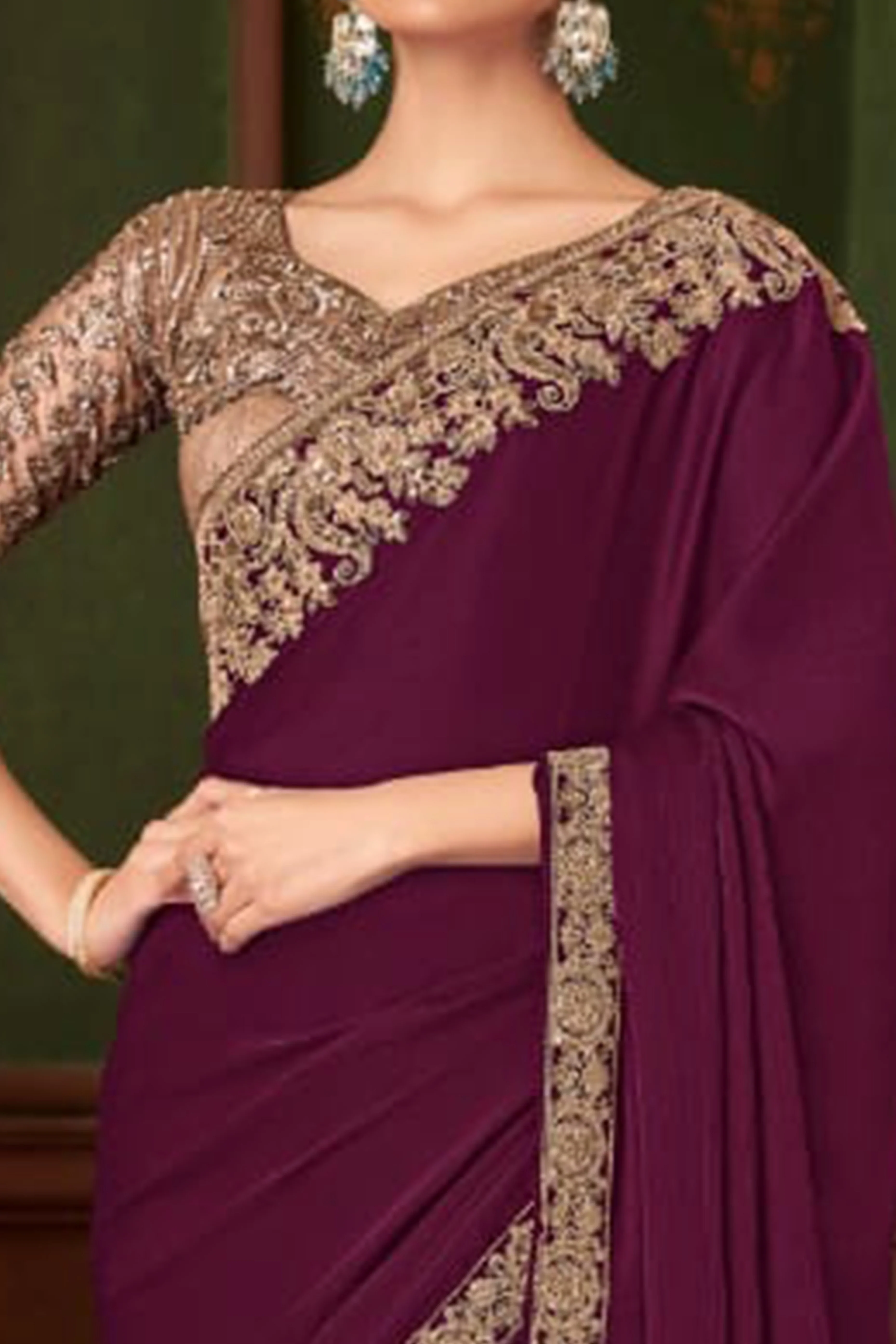 Graceful Purple Chiffon Saree Showcasing Exquisite Floral Thread Embroidery & Sequins Work - Image 2