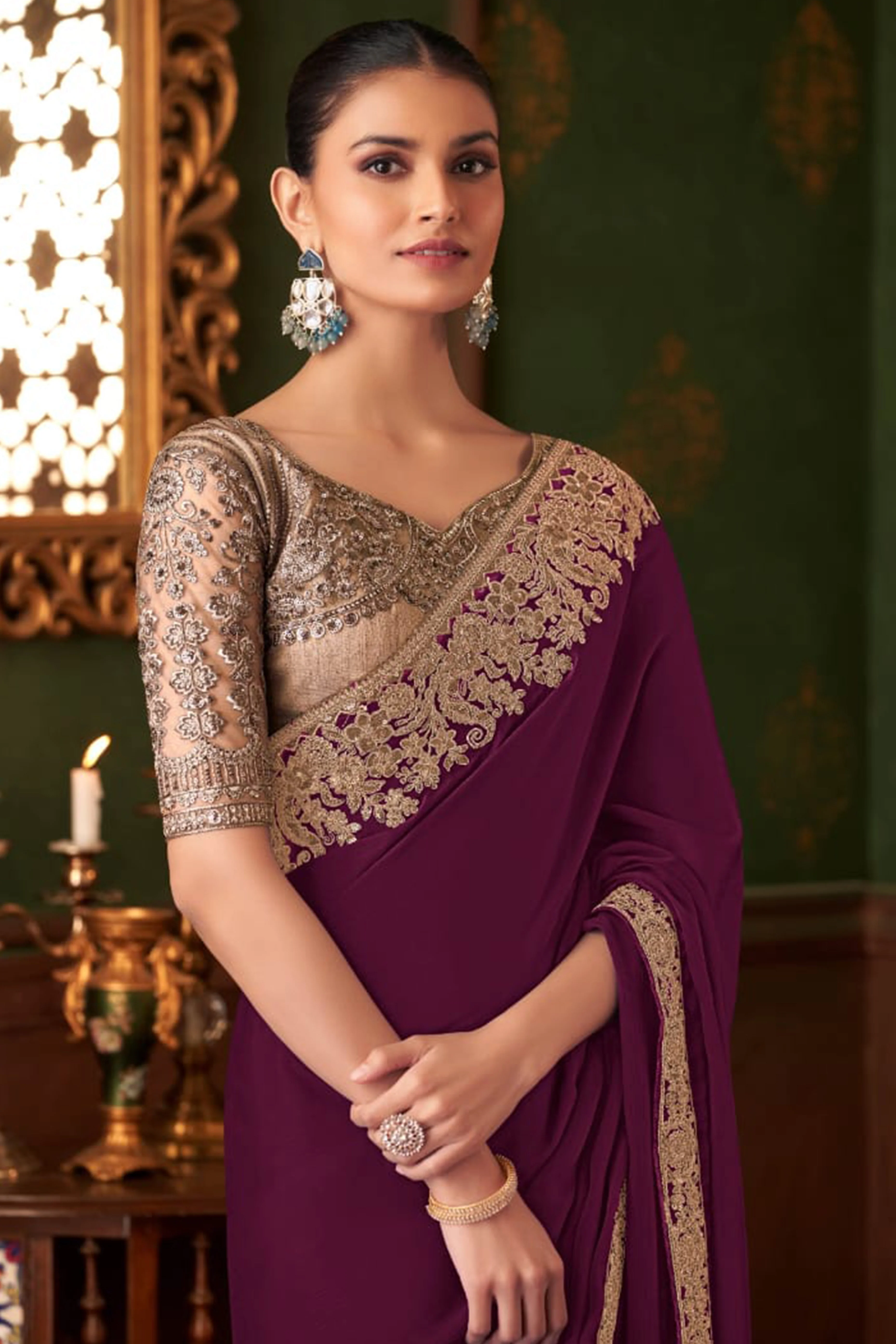 Graceful Purple Chiffon Saree Showcasing Exquisite Floral Thread Embroidery & Sequins Work - Image 3