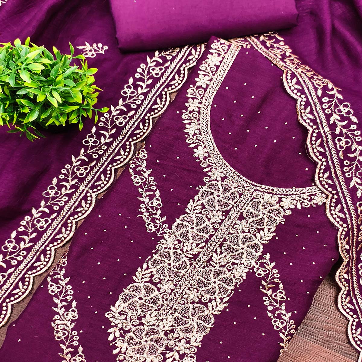 Graceful Purple Floral Embroidered Vichitra Silk Dress Material Enhanced With Sparkling Swarovski - Image 2