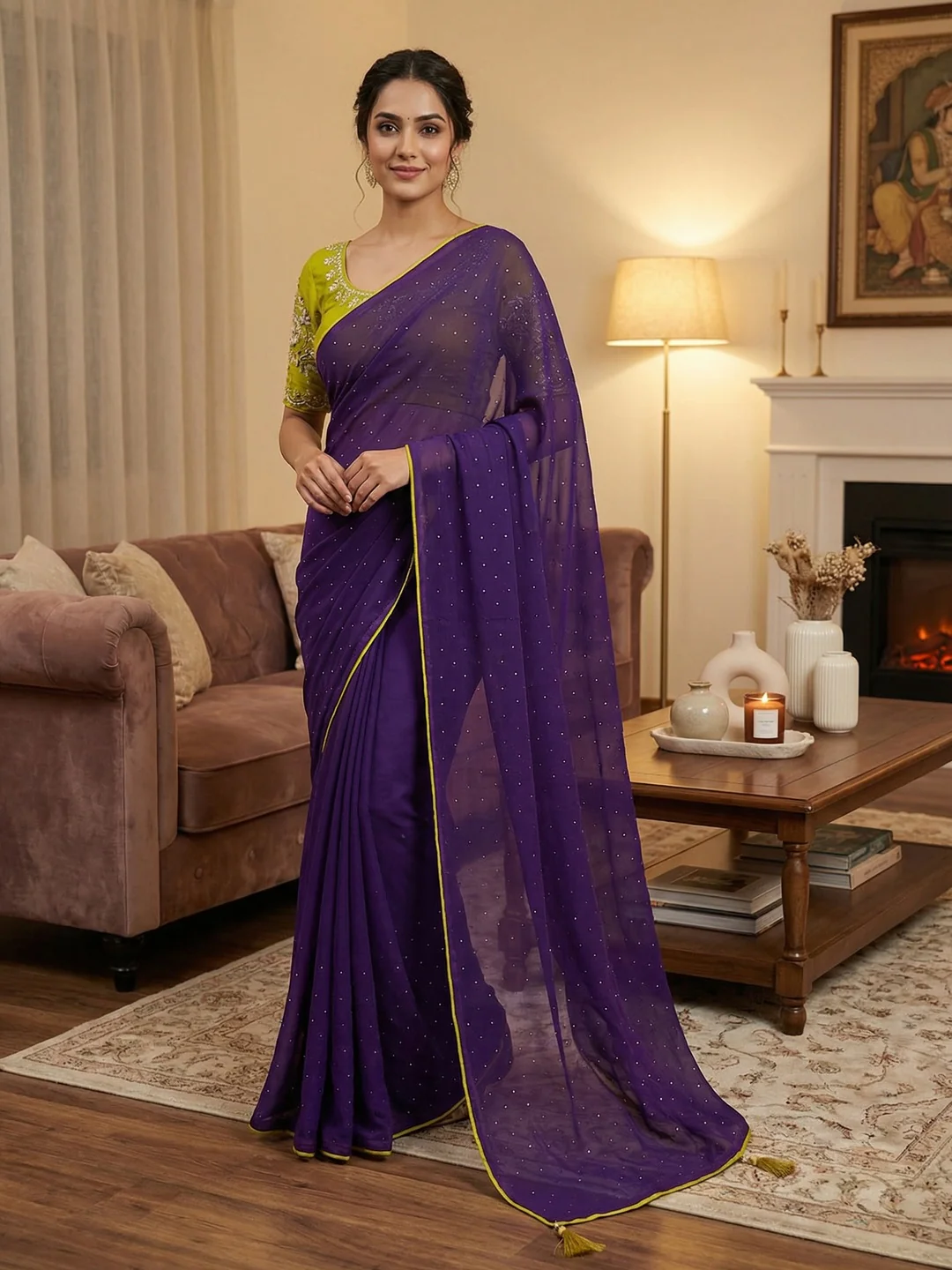 Graceful Purple Georgette Saree Accented With Shimmering Swarovski Work & Artful Tassel Pallu