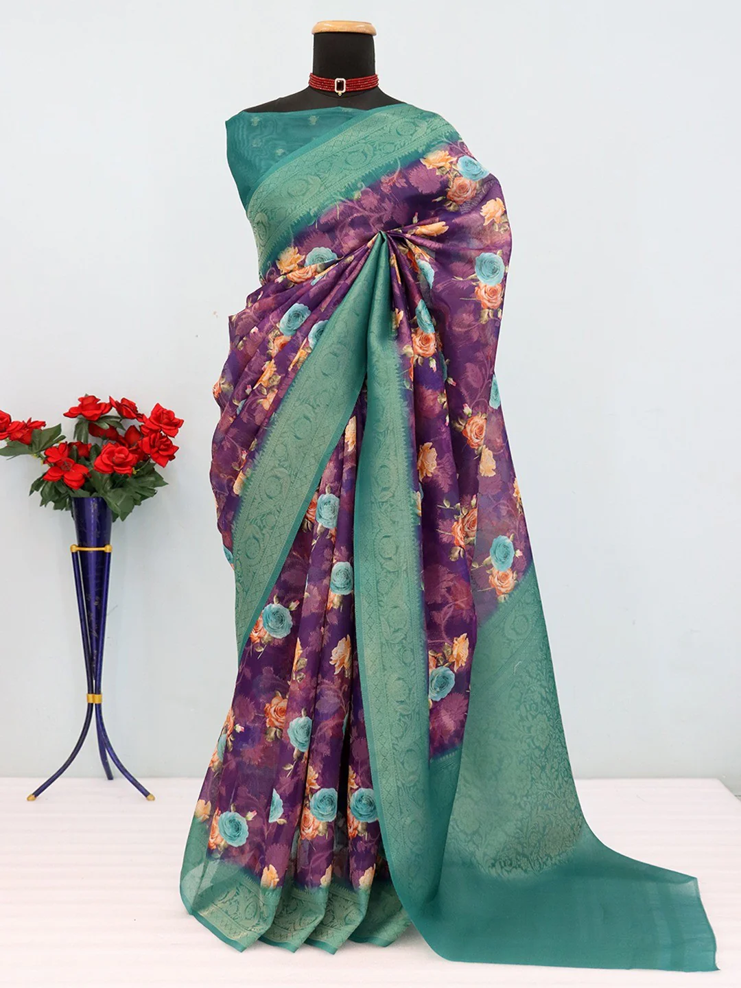 Graceful Purple & Rama Floral Digital Printed Burbury Silk Blend Saree With Jacquard Weaving Border - Image 4