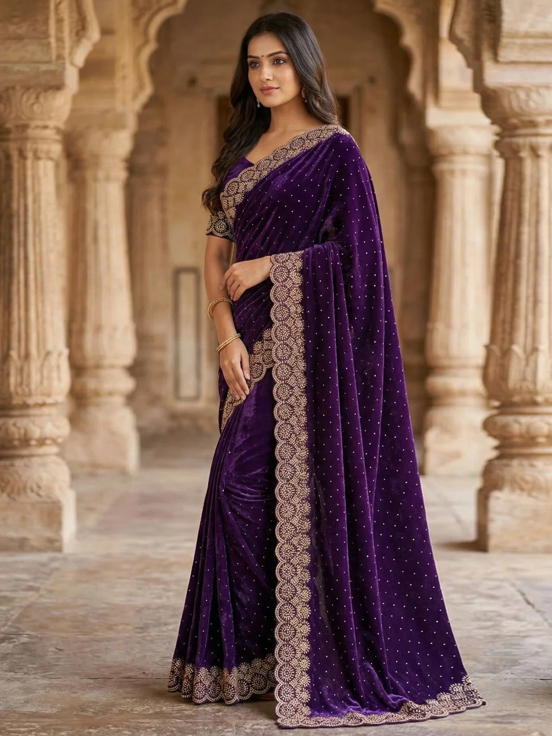 Graceful Purple Silk Blend Saree Accented With Swarovski Stone Work & Delicate Lace Border