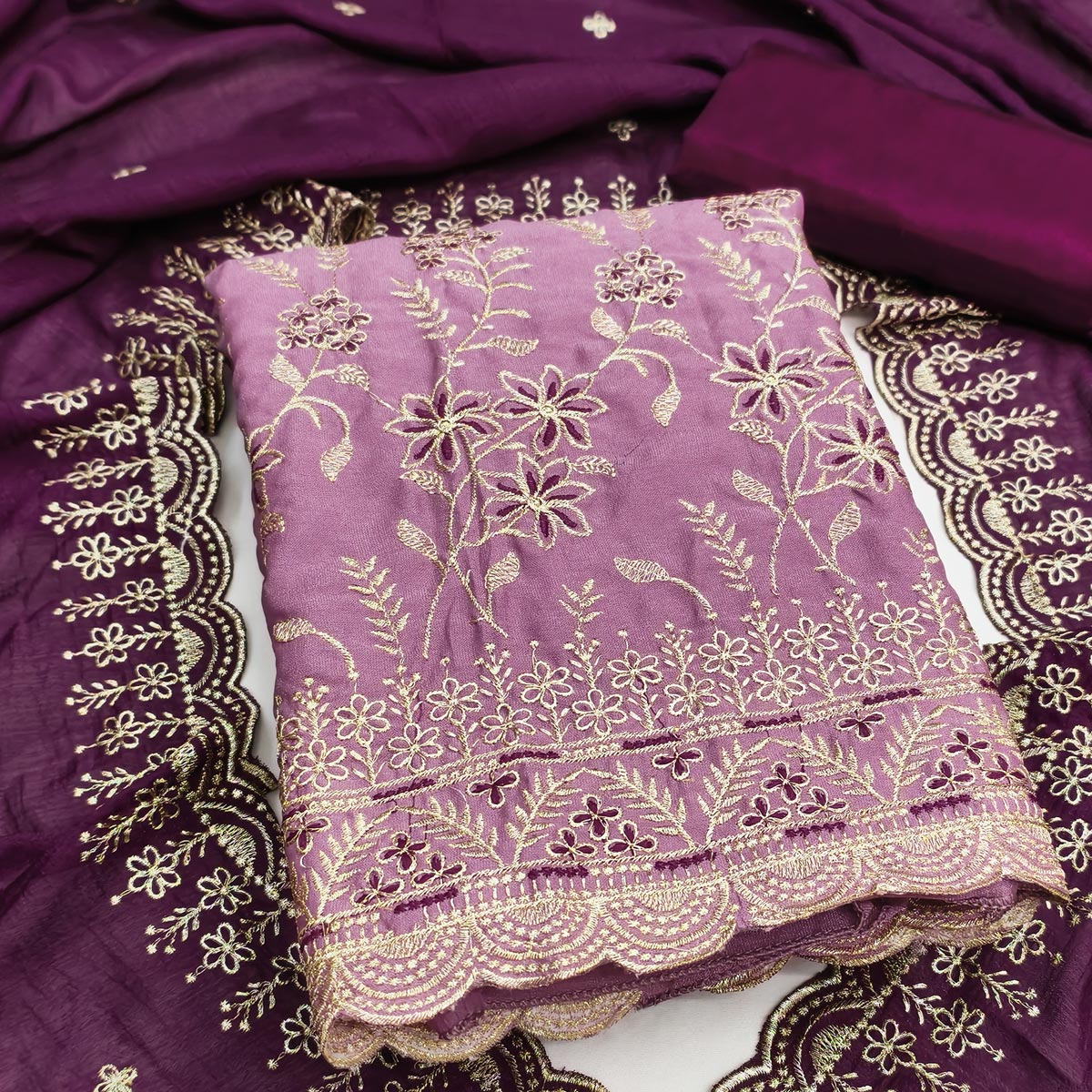 Graceful Purple Vichitra Silk Dress Material Adorned With Intricate Floral Thread Embroidery - Image 2