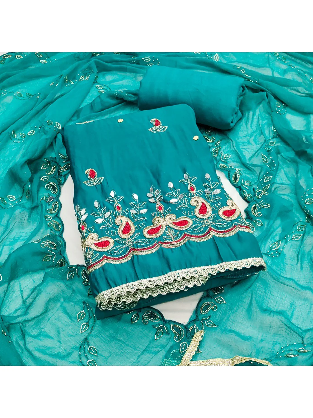 Graceful Rama Blue Embroidered Cotton Silk Dress Material With Beads & Mirror Handwork - Image 4