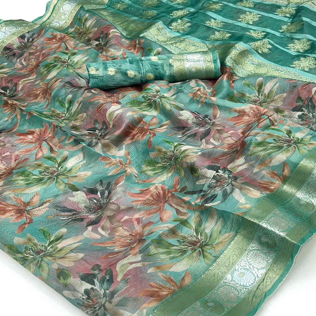 Graceful Rama Green Floral Zari Woven Silk Blend Saree With Digital Prints - Image 2