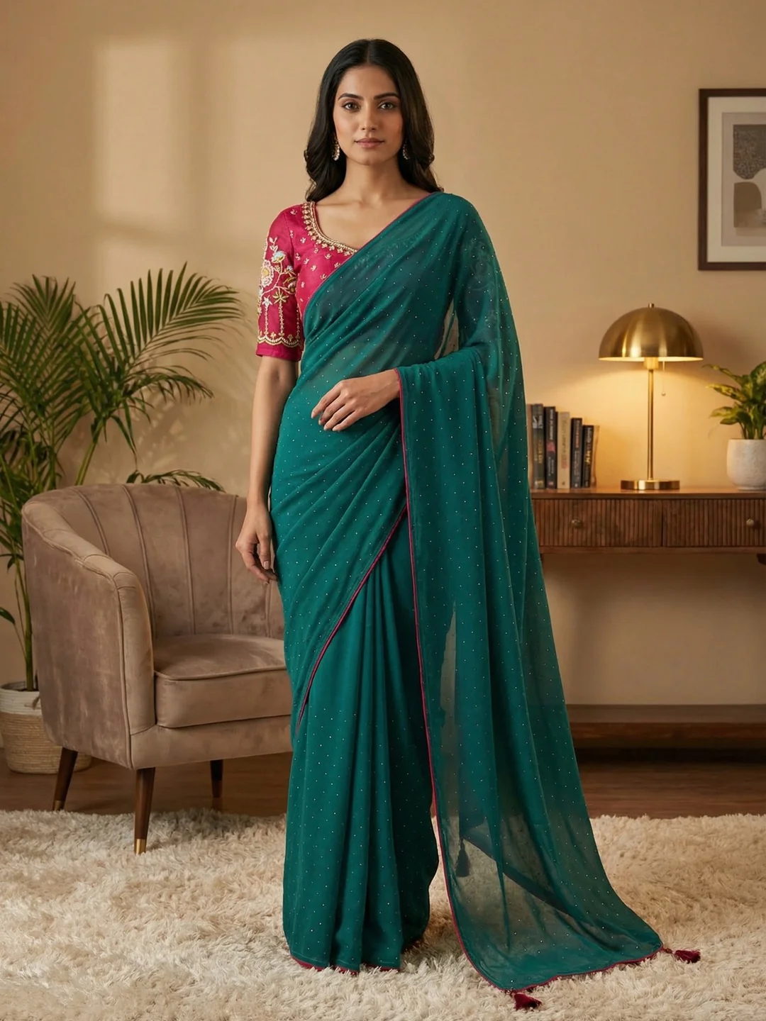 Graceful Rama Green Georgette Saree Accented With Shimmering Swarovski Work & Artful Tassel Pallu