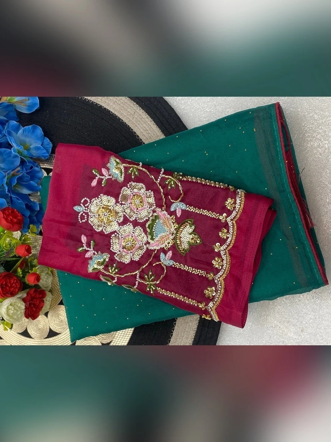 Graceful Rama Green Georgette Saree Accented With Shimmering Swarovski Work & Artful Tassel Pallu - Image 3