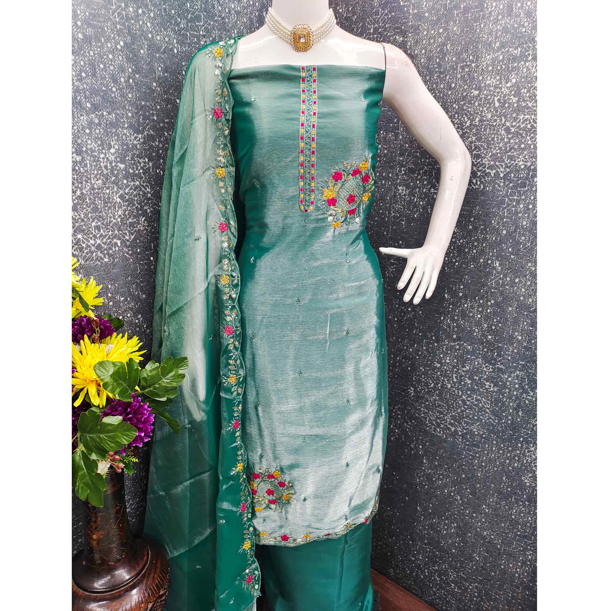 Graceful Rama Green Silk Blend Dress Material Featuring Exquisite Floral Embroidery & Sequin Accent - Image 5