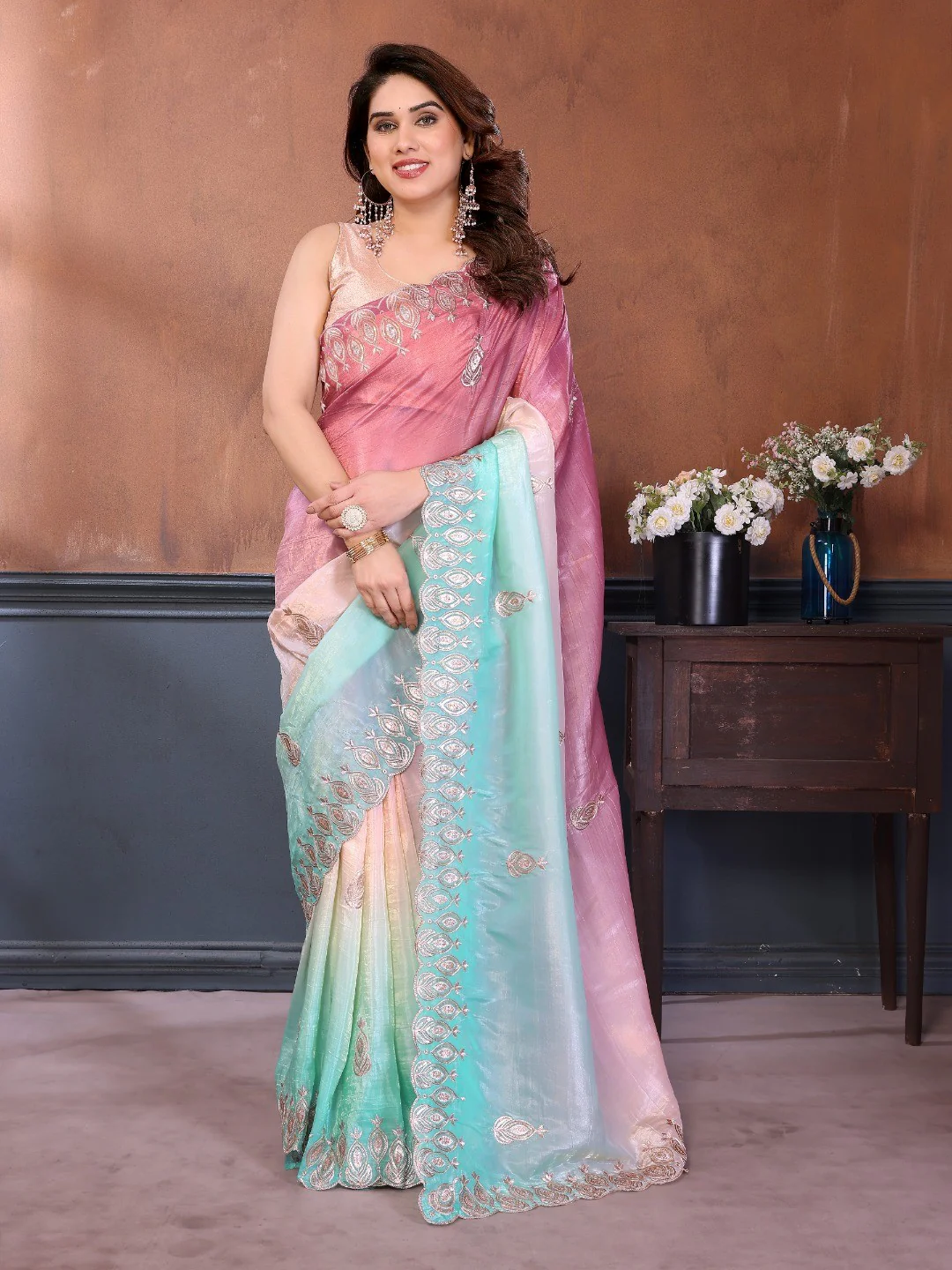 Graceful Rama Green Silk Blend Saree with Heavy Embroidered Detailing