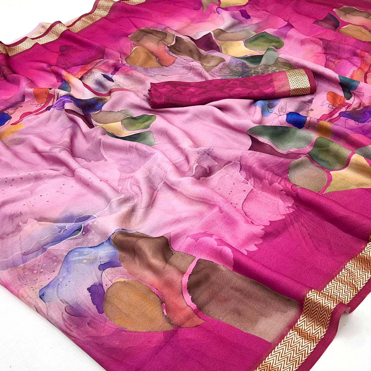 Graceful Rani Pink Georgette Saree Accented With Digital Prints & Viscose Border Finish - Image 2