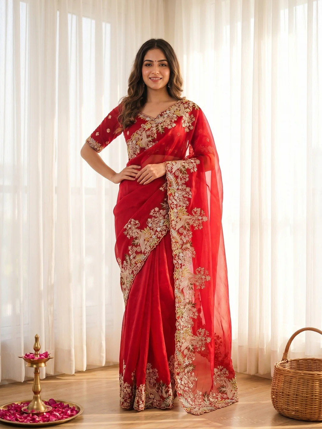 Graceful Red Bird & Floral Motif Jimmy Choo Satin Silk Saree Adorned With Cording Sequins Embroidery