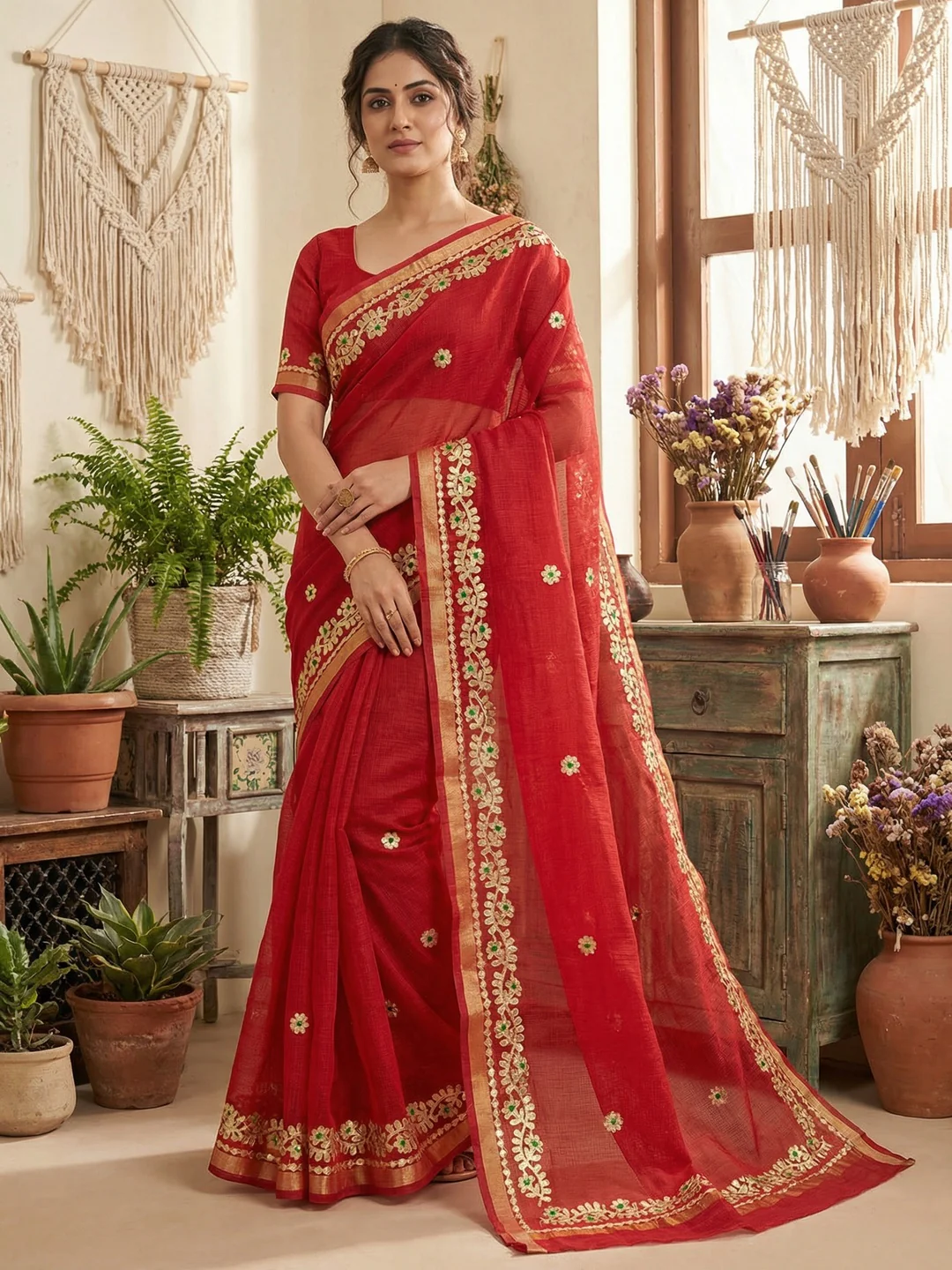 Graceful Red Kota Doria Saree Adorned With Delicate Floral Gota Patti & Zari Weaving Border