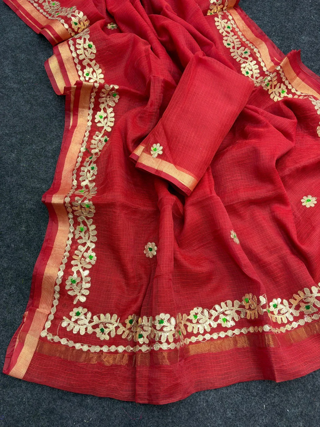 Graceful Red Kota Doria Saree Adorned With Delicate Floral Gota Patti & Zari Weaving Border - Image 3