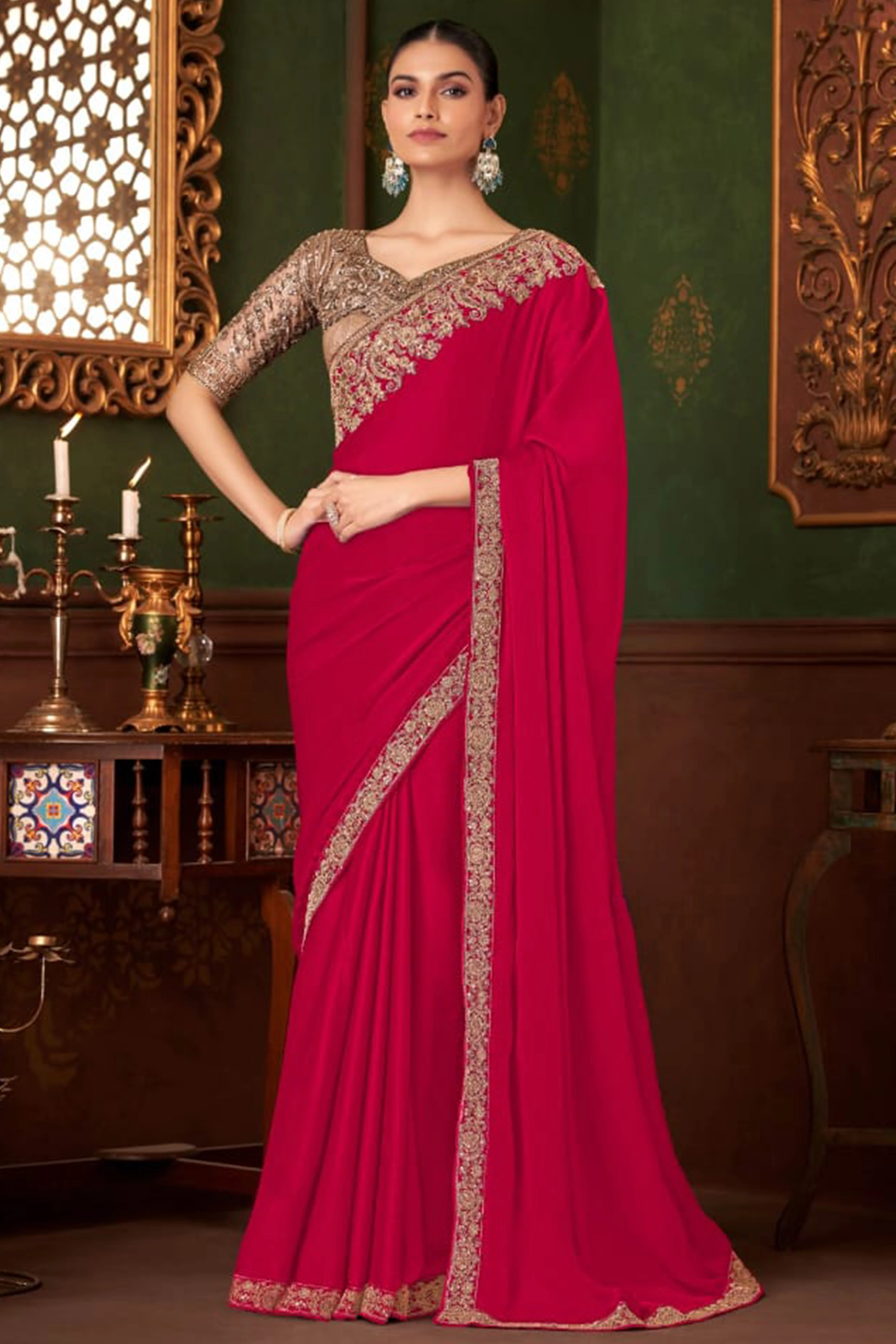 Graceful Rose Pink Chiffon Saree Showcasing Exquisite Floral Thread Embroidery & Sequins Work