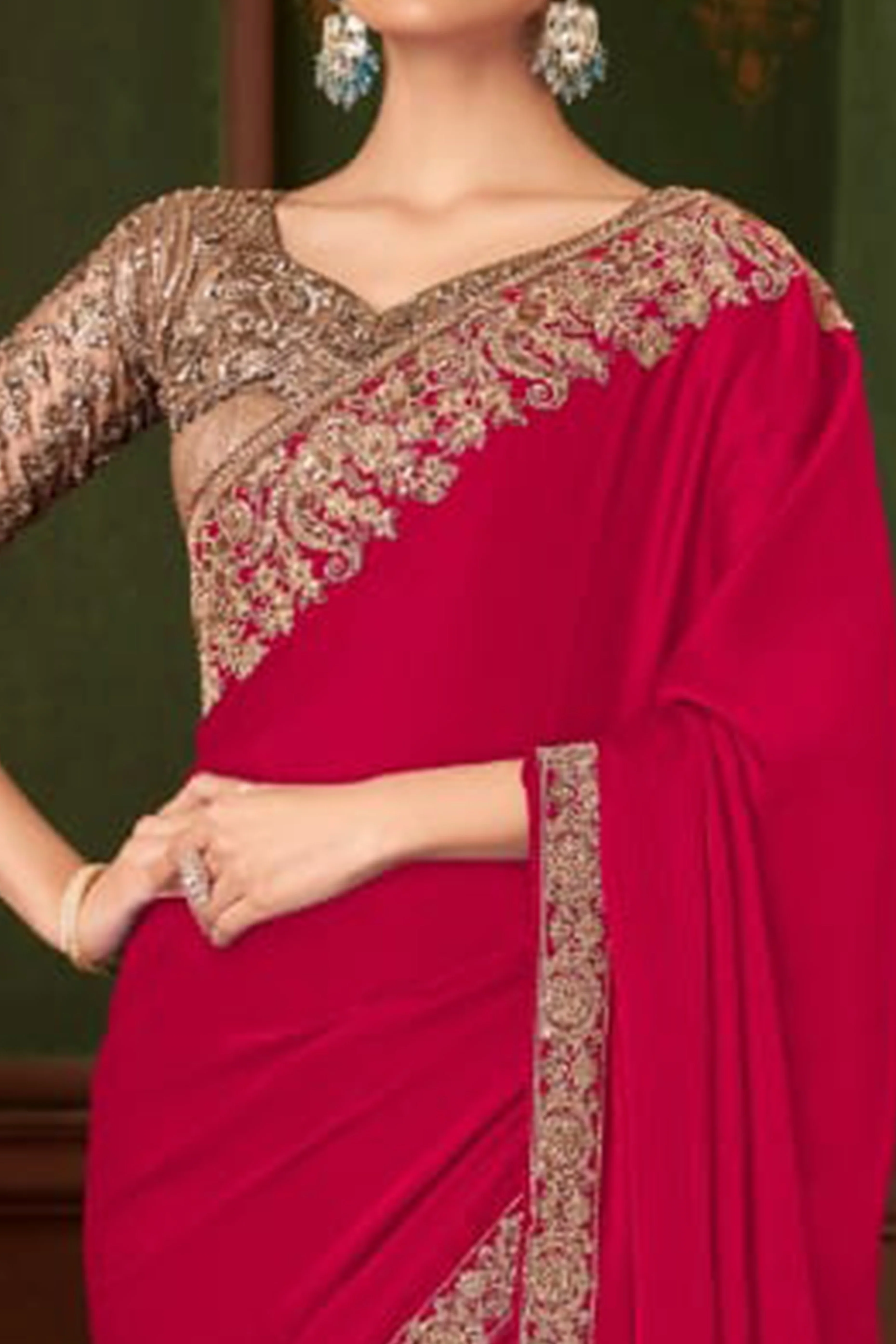 Graceful Rose Pink Chiffon Saree Showcasing Exquisite Floral Thread Embroidery & Sequins Work - Image 2