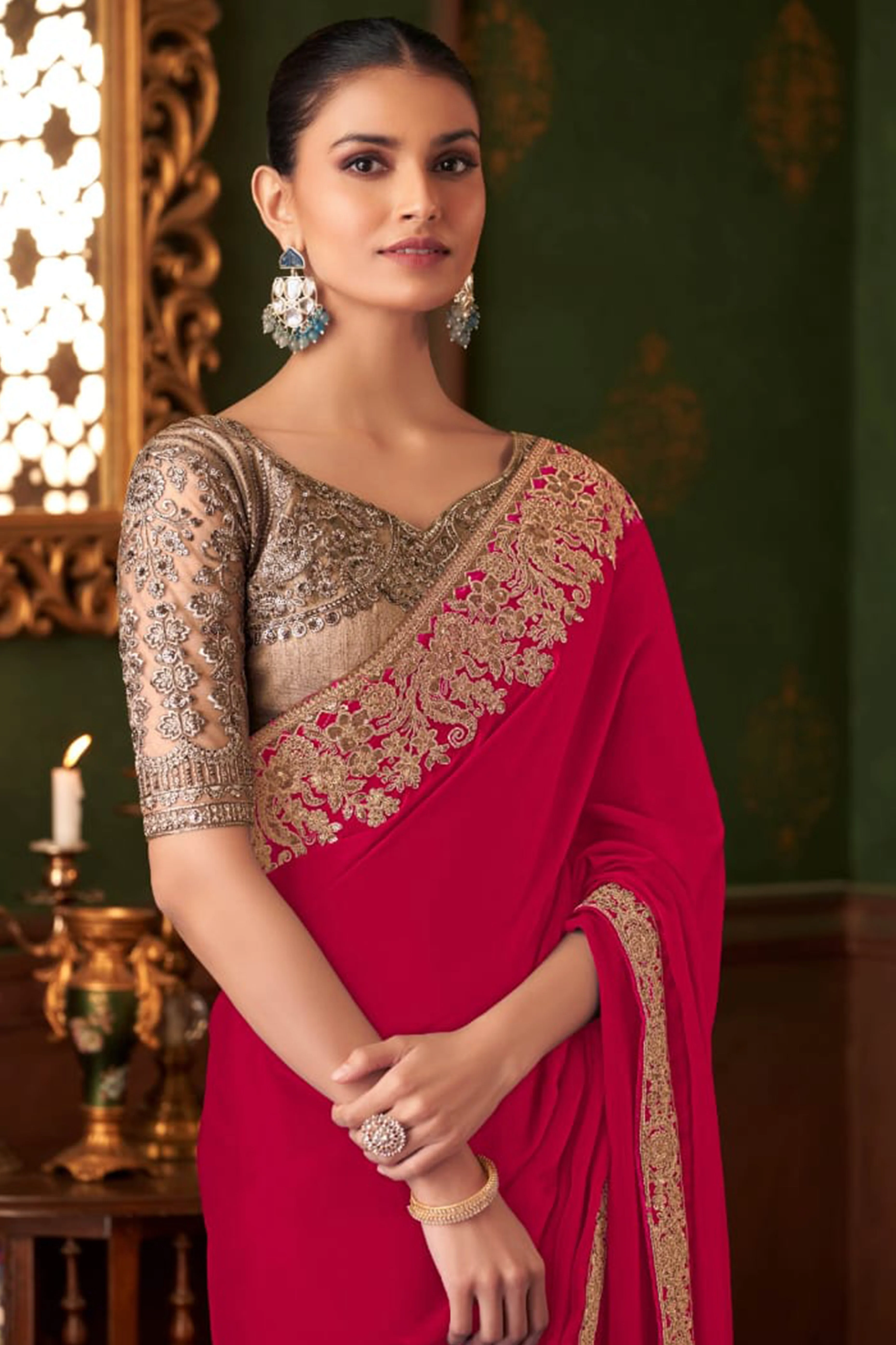 Graceful Rose Pink Chiffon Saree Showcasing Exquisite Floral Thread Embroidery & Sequins Work - Image 3