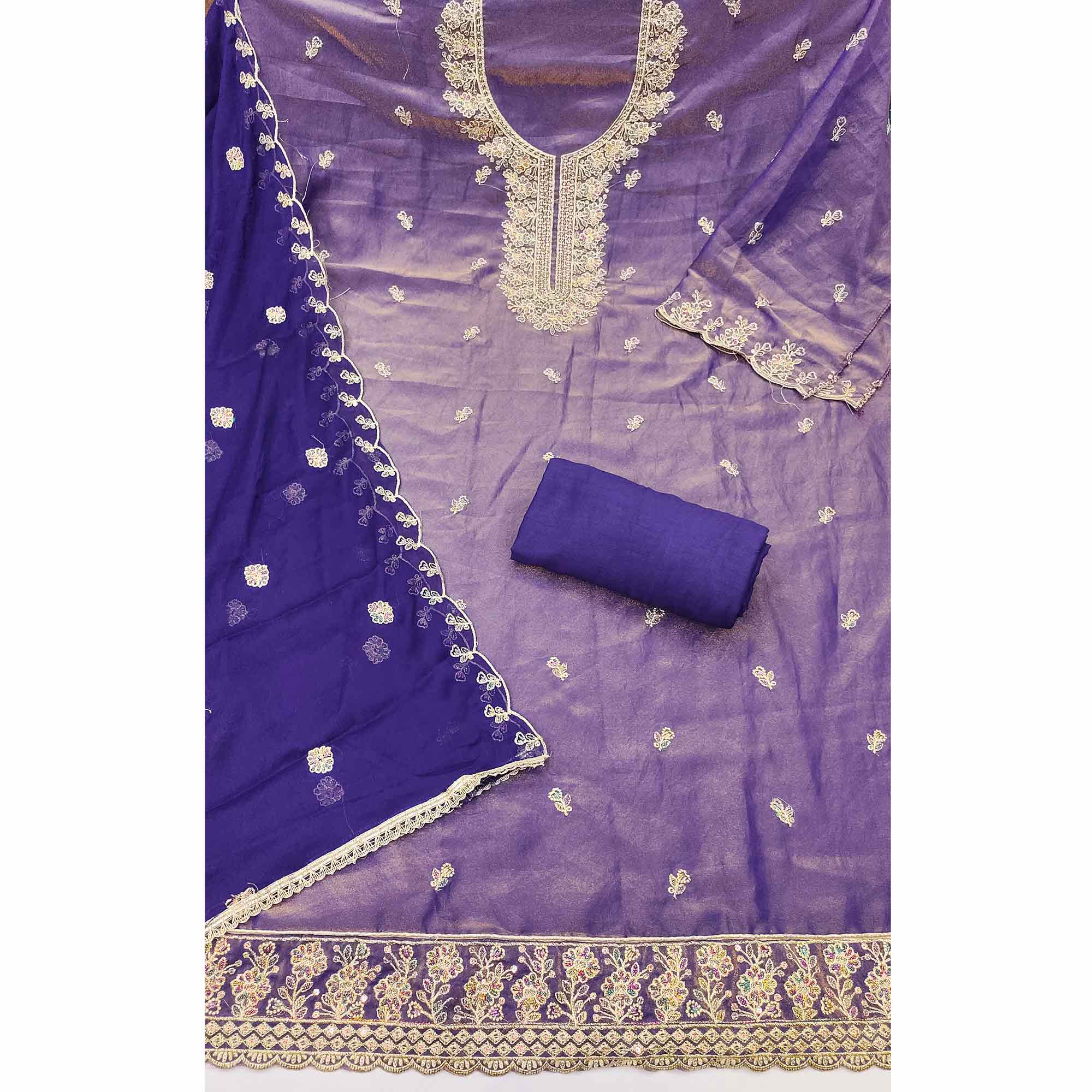 Graceful Royal Purple Floral Sequins Embroidered With Handwork Georgette Dress Material - Image 4