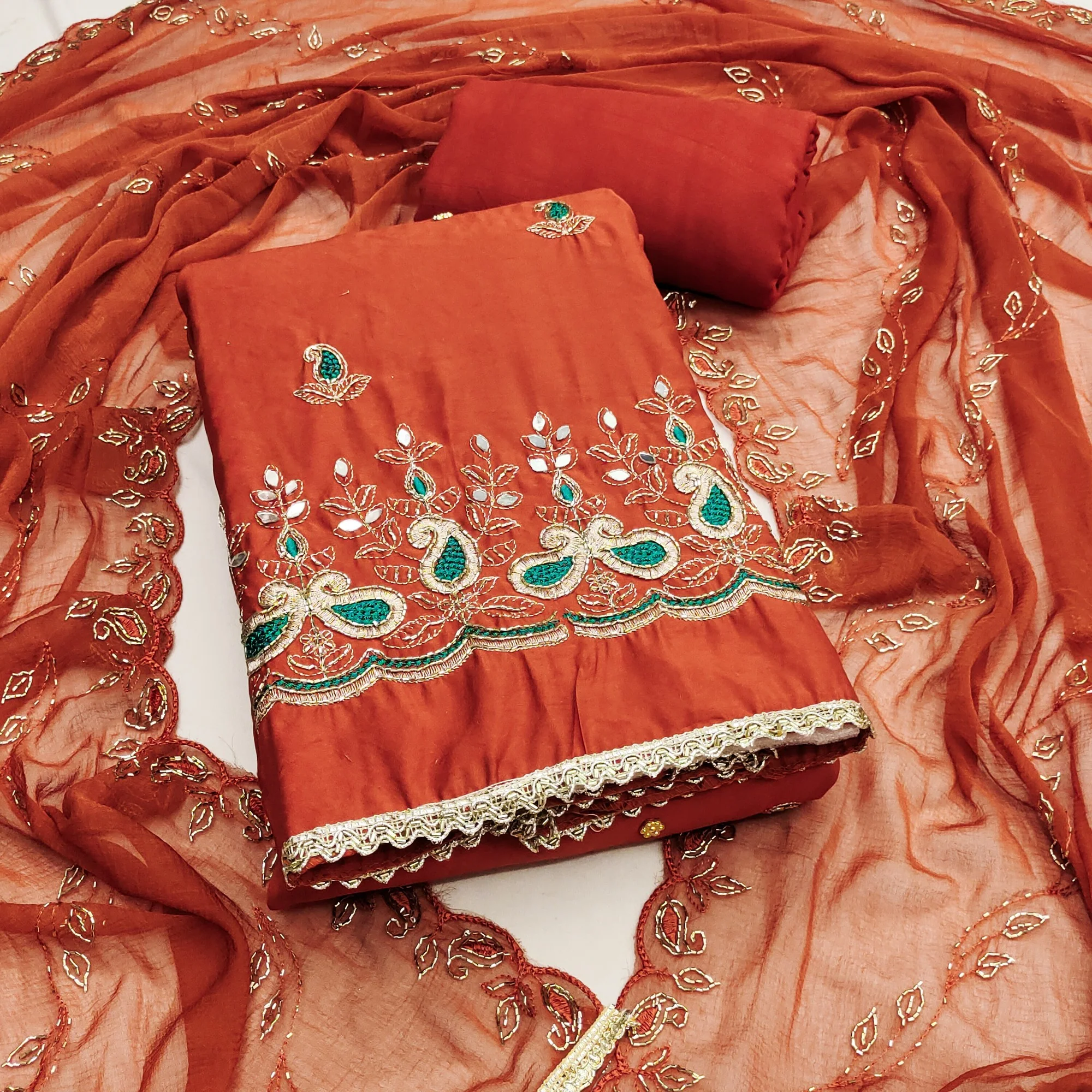 Graceful Rust Embroidered Cotton Silk Dress Material With Beads & Mirror Handwork - Image 2