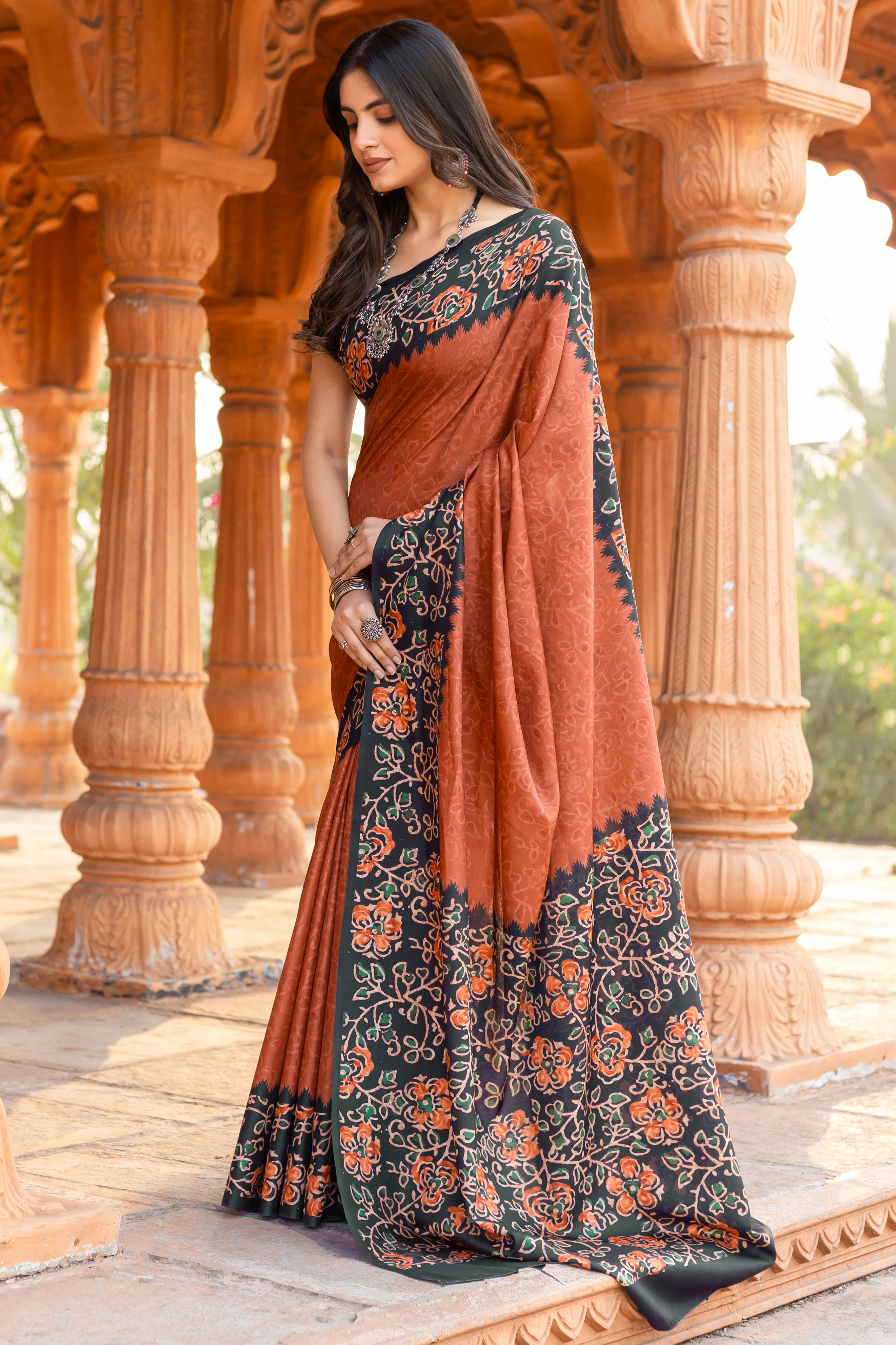 Graceful Rust Floral Printed Manipuri Cotton Silk Saree Showcasing Timeless Elegance - Image 3