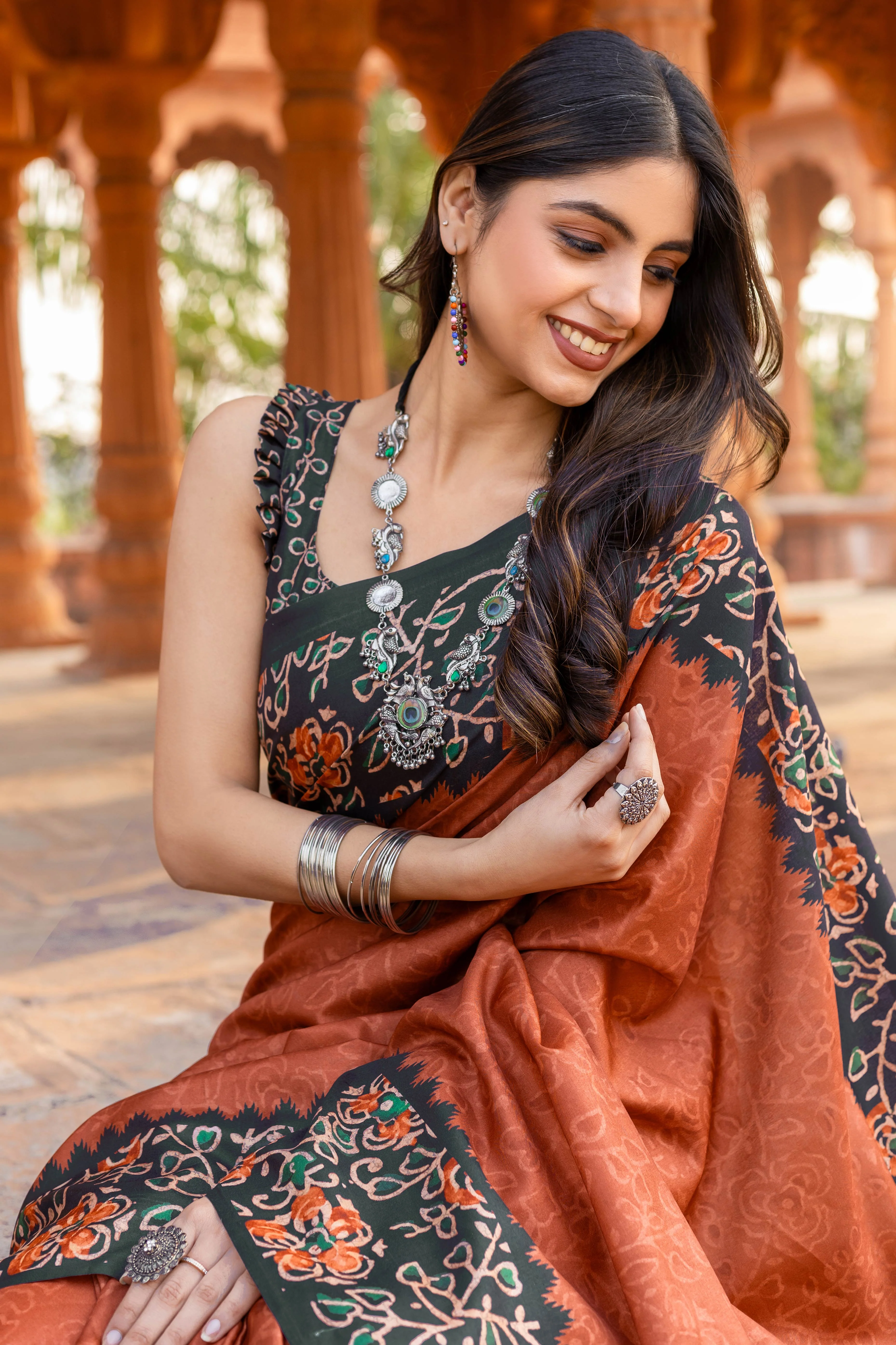 Graceful Rust Floral Printed Manipuri Cotton Silk Saree Showcasing Timeless Elegance - Image 7